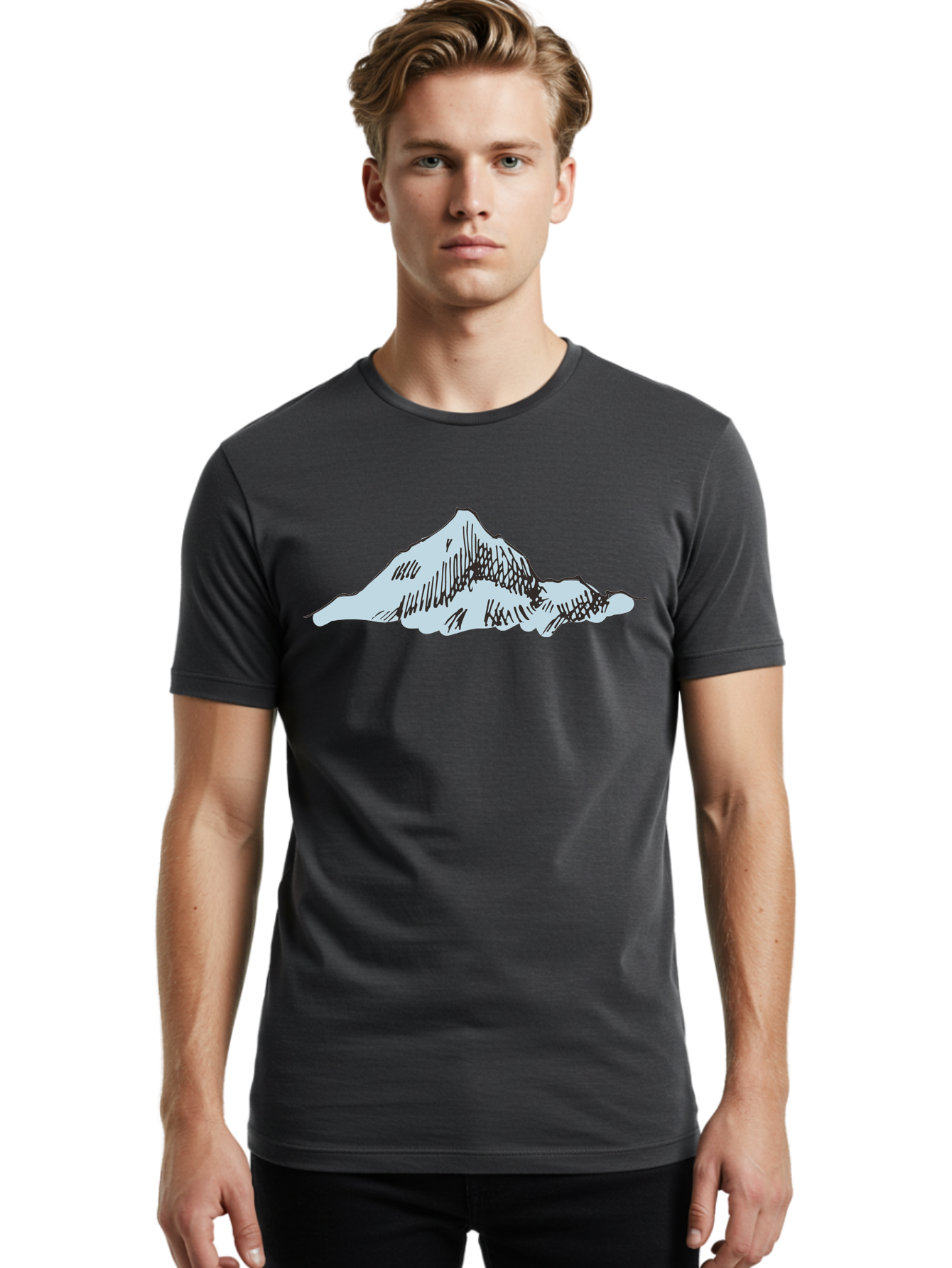 Mountain-Landscape Men'S Graphic Tee, 100% Cotton, Comfortable Casual Summer Wear, Machine Washable, Cartoon Mountain, Sketch Art, Black Lines, Simple Design, Minimalist Style, White Mountain Peak, Abstract Landscape, Illustration Aaa999