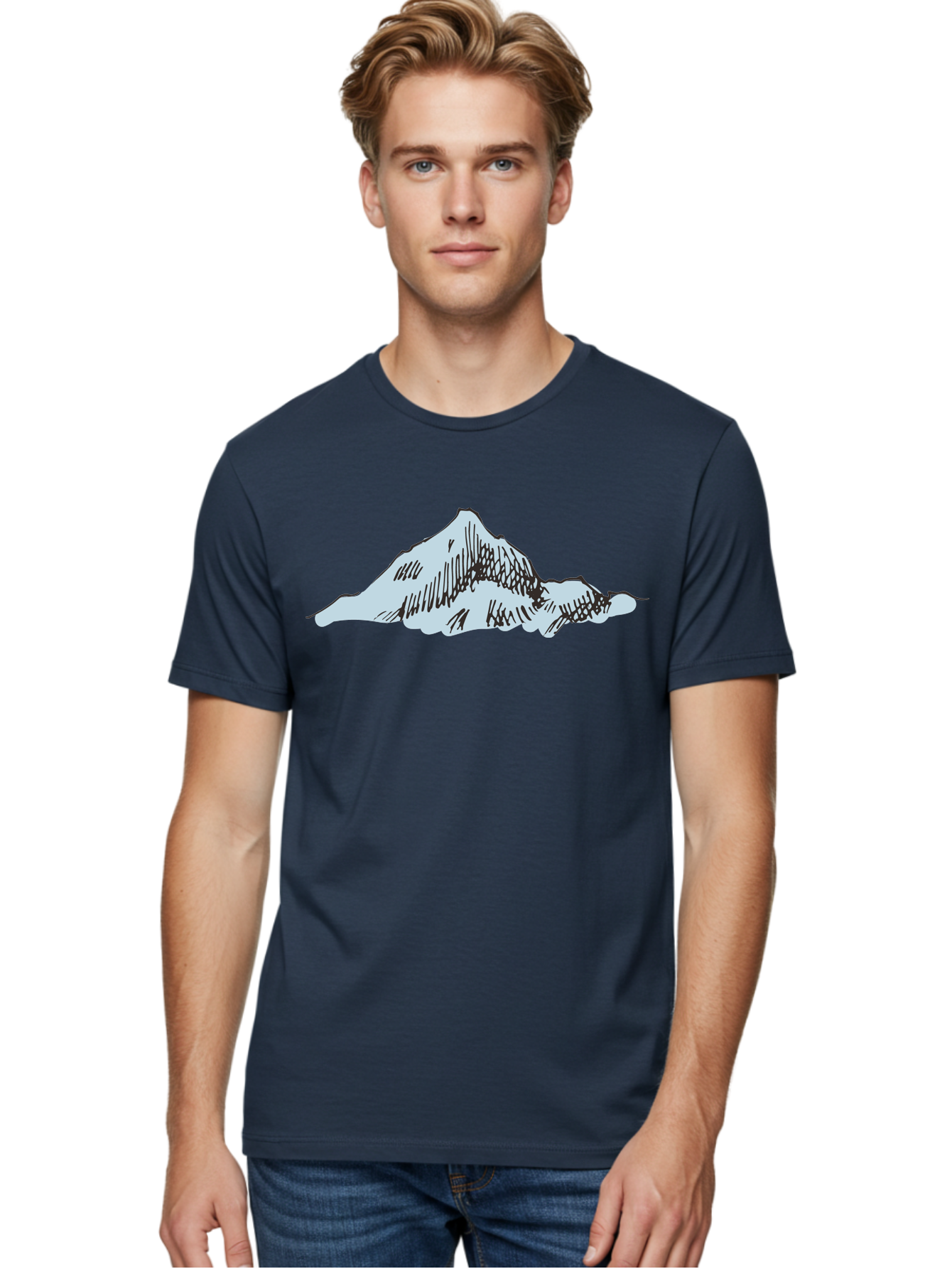 Mountain-Landscape Men'S Graphic Tee, 100% Cotton, Comfortable Casual Summer Wear, Machine Washable, Cartoon Mountain, Sketch Art, Black Lines, Simple Design, Minimalist Style, White Mountain Peak, Abstract Landscape, Illustration Aaa999