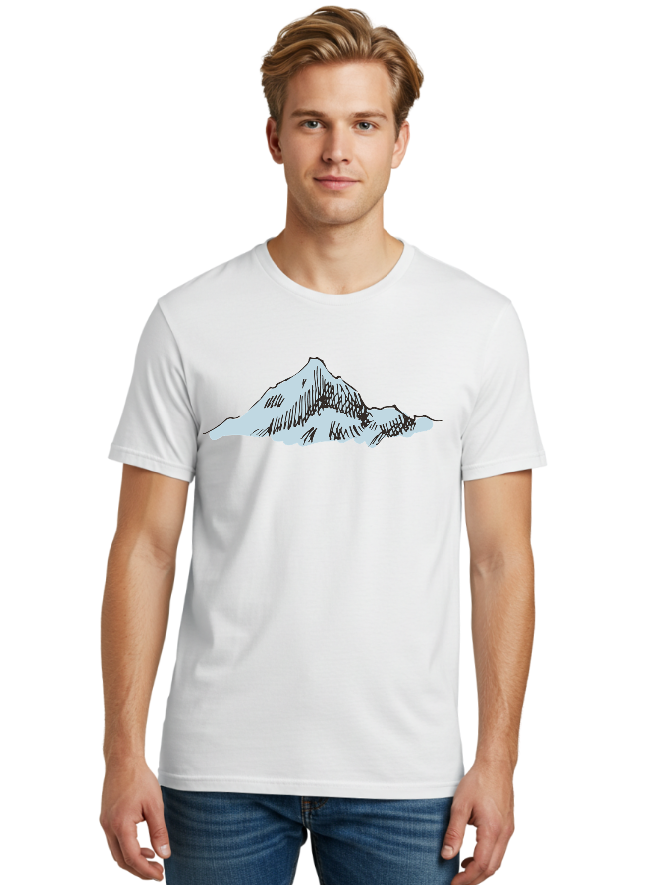 Mountain-Landscape Men'S Graphic Tee, 100% Cotton, Comfortable Casual Summer Wear, Machine Washable, Cartoon Mountain, Sketch Art, Black Lines, Simple Design, Minimalist Style, White Mountain Peak, Abstract Landscape, Illustration Aaa999