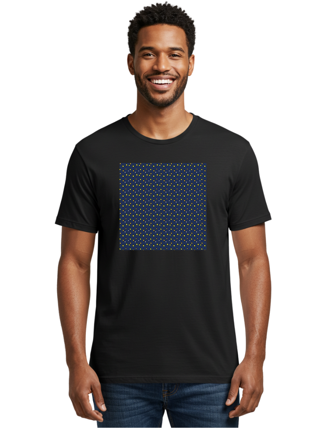 Navy-Blue-Dots Men'S Graphic Tee, 100% Cotton, Comfortable Casual Summer Wear, Machine Washable, Navy Blue Background, Yellow Diamonds, White Accents, Geometric Pattern, Abstract Design, Repeating Motif, Minimalist Style, Wallpaper Texture Aab003