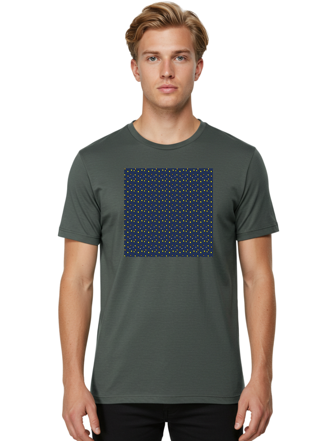 Navy-Blue-Dots Men'S Graphic Tee, 100% Cotton, Comfortable Casual Summer Wear, Machine Washable, Navy Blue Background, Yellow Diamonds, White Accents, Geometric Pattern, Abstract Design, Repeating Motif, Minimalist Style, Wallpaper Texture Aab003