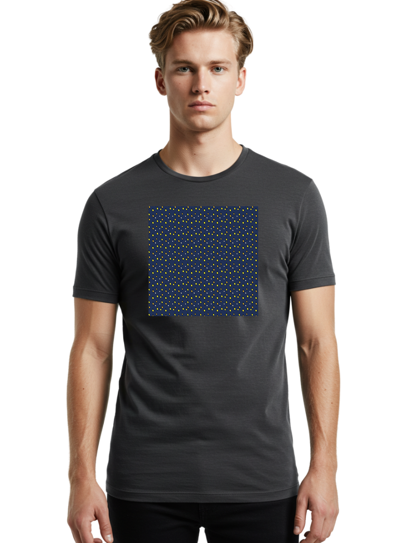 Navy-Blue-Dots Men'S Graphic Tee, 100% Cotton, Comfortable Casual Summer Wear, Machine Washable, Navy Blue Background, Yellow Diamonds, White Accents, Geometric Pattern, Abstract Design, Repeating Motif, Minimalist Style, Wallpaper Texture Aab003