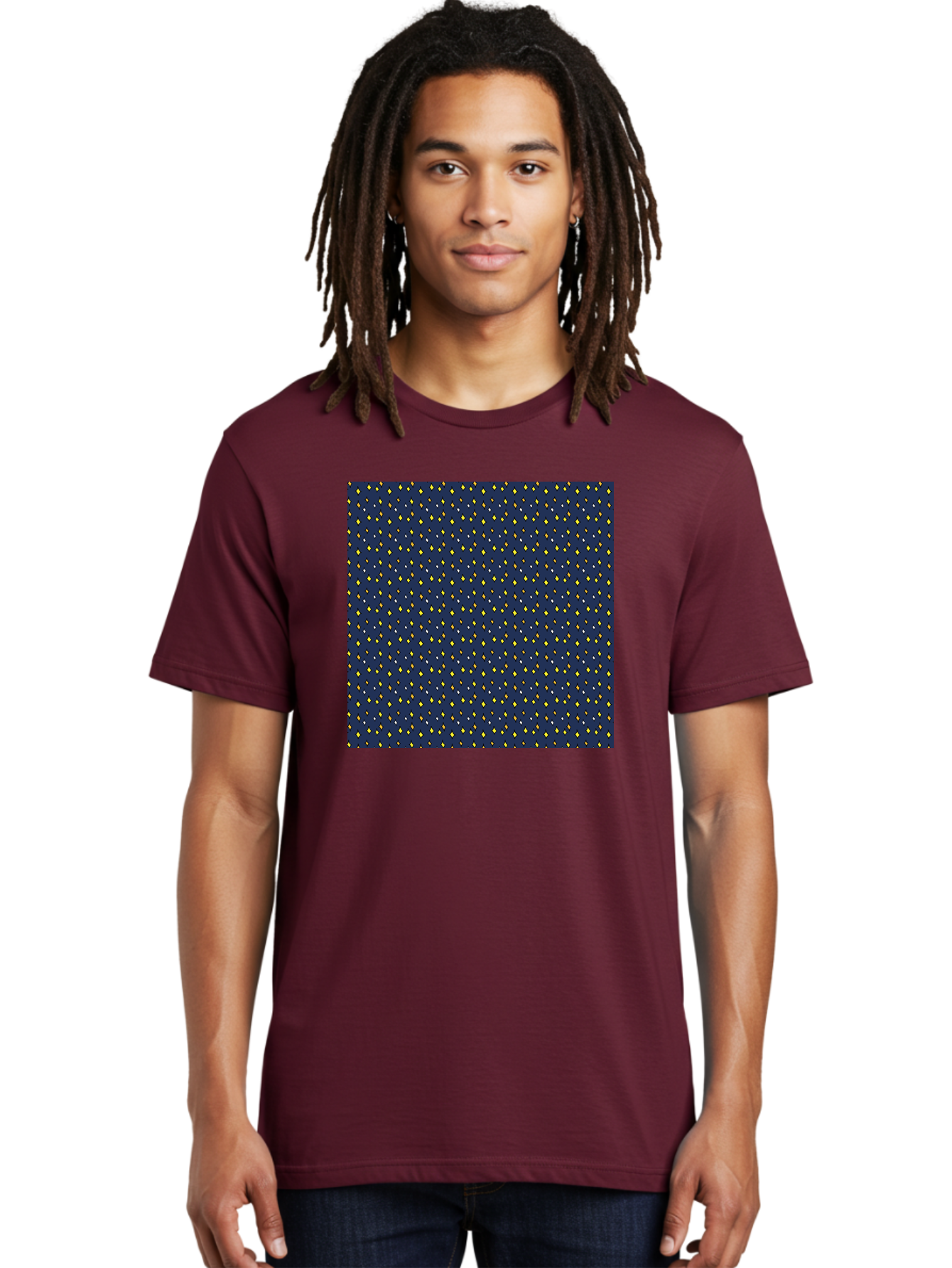 Navy-Blue-Dots Men'S Graphic Tee, 100% Cotton, Comfortable Casual Summer Wear, Machine Washable, Navy Blue Background, Yellow Diamonds, White Accents, Geometric Pattern, Abstract Design, Repeating Motif, Minimalist Style, Wallpaper Texture Aab003