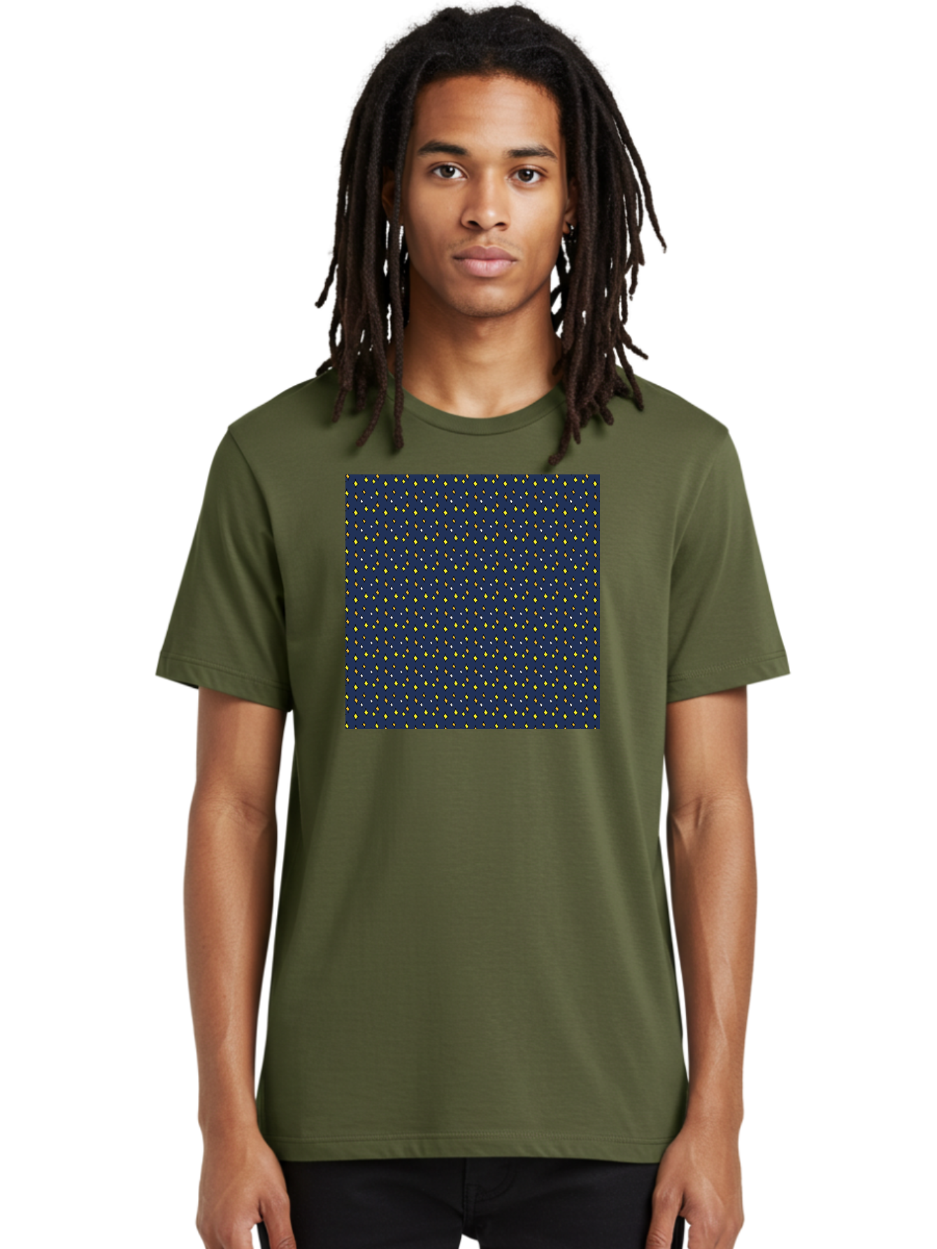 Navy-Blue-Dots Men'S Graphic Tee, 100% Cotton, Comfortable Casual Summer Wear, Machine Washable, Navy Blue Background, Yellow Diamonds, White Accents, Geometric Pattern, Abstract Design, Repeating Motif, Minimalist Style, Wallpaper Texture Aab003