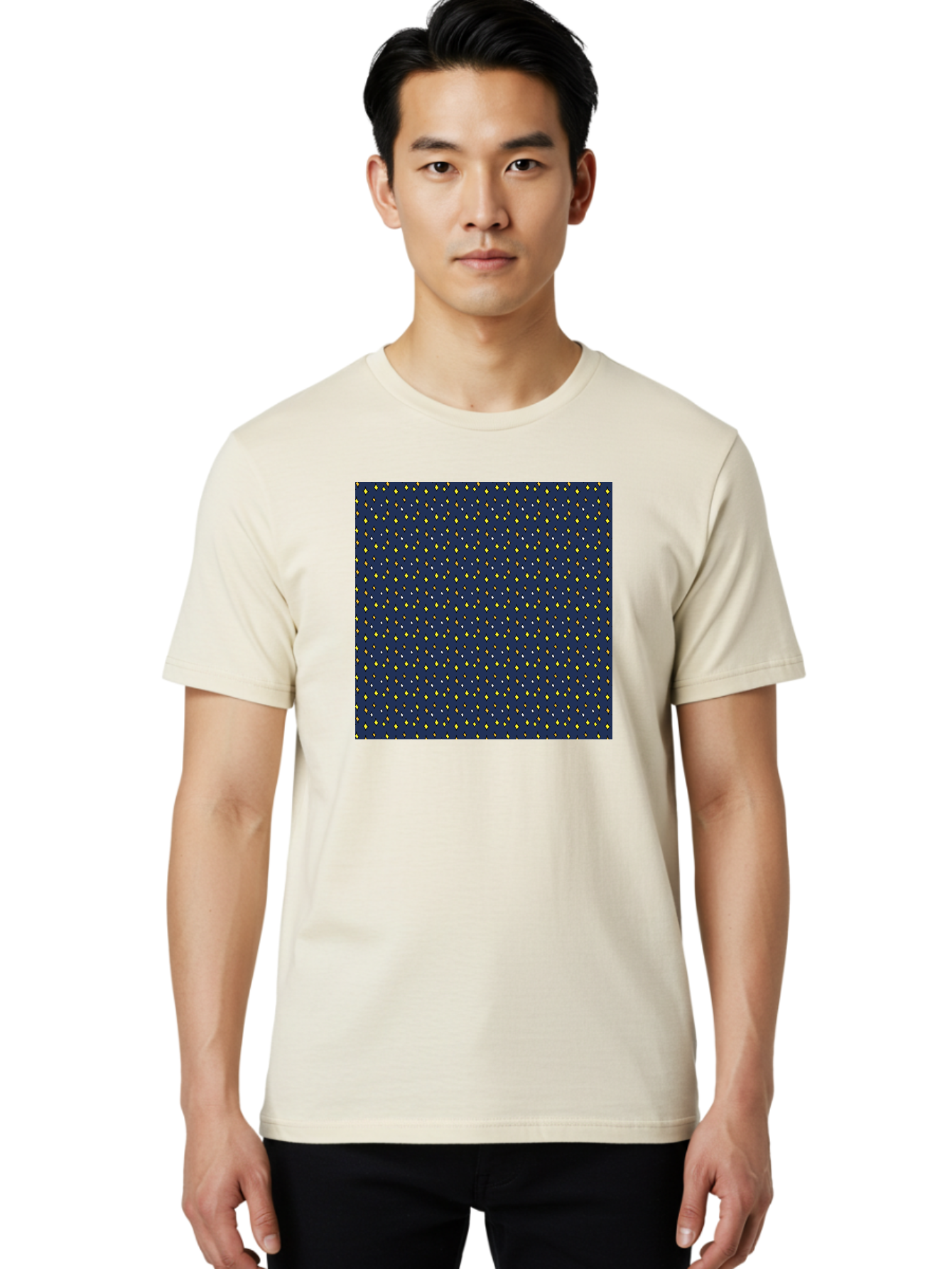 Navy-Blue-Dots Men'S Graphic Tee, 100% Cotton, Comfortable Casual Summer Wear, Machine Washable, Navy Blue Background, Yellow Diamonds, White Accents, Geometric Pattern, Abstract Design, Repeating Motif, Minimalist Style, Wallpaper Texture Aab003