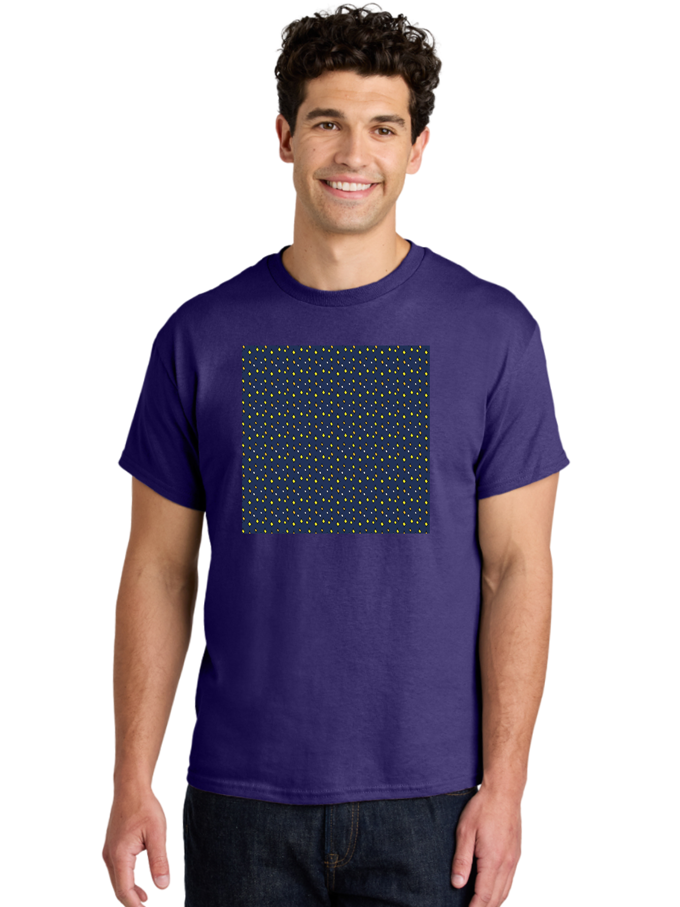 Navy-Blue-Dots Men'S Graphic Tee, 100% Cotton, Comfortable Casual Summer Wear, Machine Washable, Navy Blue Background, Yellow Diamonds, White Accents, Geometric Pattern, Abstract Design, Repeating Motif, Minimalist Style, Wallpaper Texture Aab003