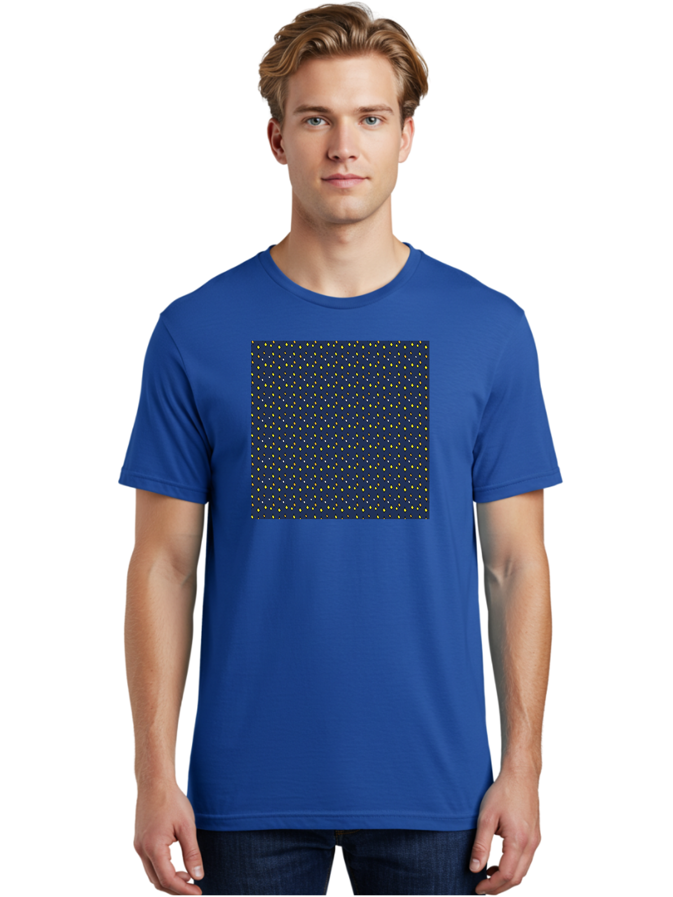Navy-Blue-Dots Men'S Graphic Tee, 100% Cotton, Comfortable Casual Summer Wear, Machine Washable, Navy Blue Background, Yellow Diamonds, White Accents, Geometric Pattern, Abstract Design, Repeating Motif, Minimalist Style, Wallpaper Texture Aab003