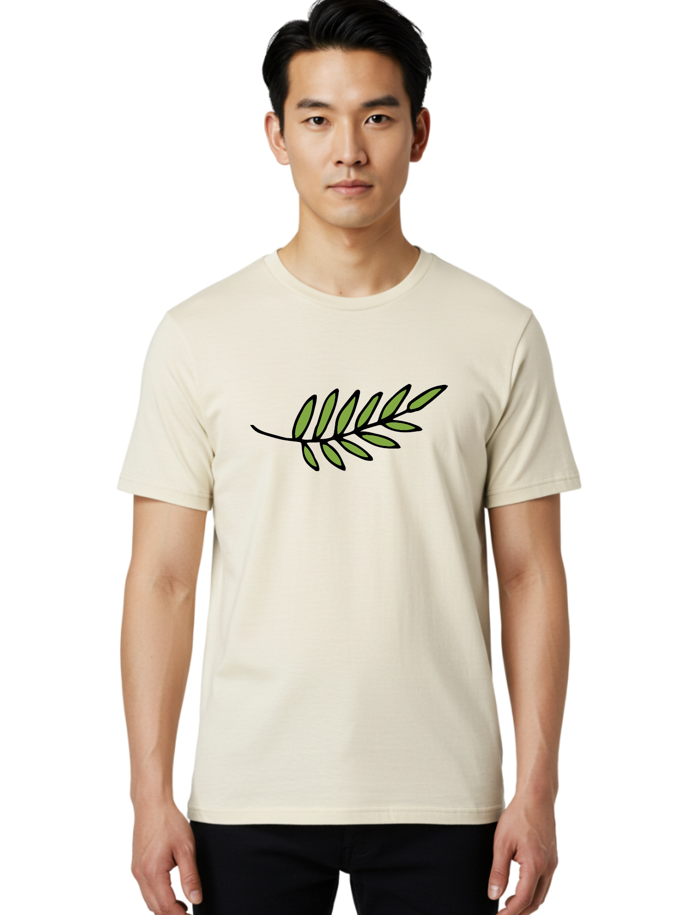 Olive-Branch Men'S Graphic Tee, 100% Cotton, Comfortable Casual Summer Wear, Machine Washable, Olive Branch, Symbolic Peace, Harmonious Design, Simple Illustration, Green Leaves, Black Outline, Minimalistic Art, Elegant Simplicity, Aab021
