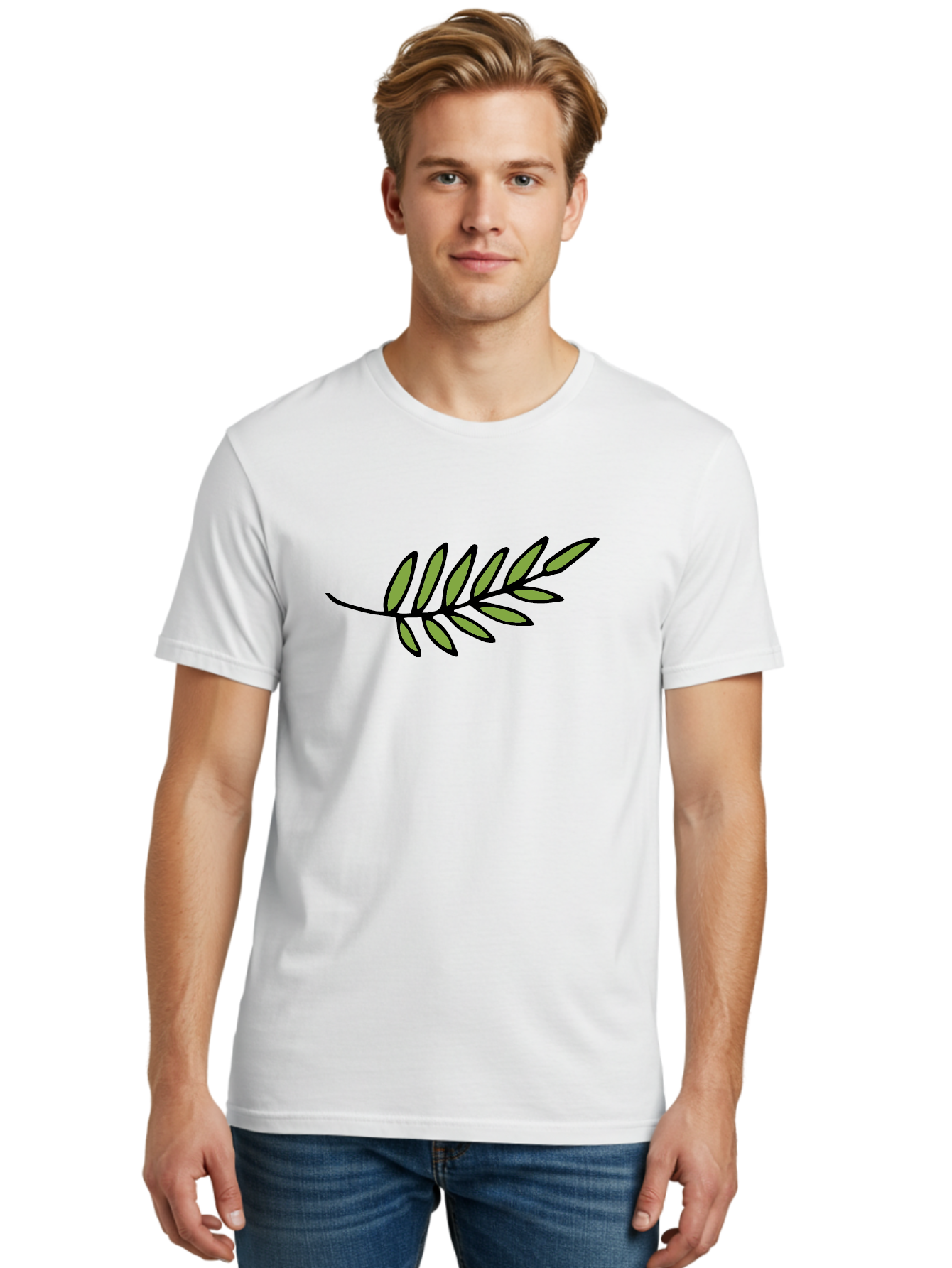 Olive-Branch Men'S Graphic Tee, 100% Cotton, Comfortable Casual Summer Wear, Machine Washable, Olive Branch, Symbolic Peace, Harmonious Design, Simple Illustration, Green Leaves, Black Outline, Minimalistic Art, Elegant Simplicity, Aab021
