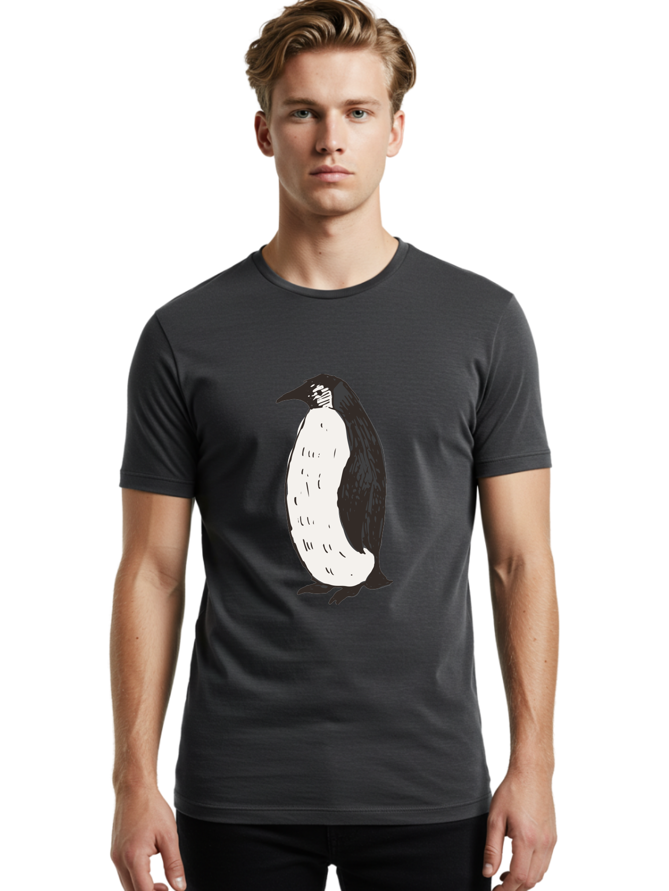 Penguin-1 Men'S Graphic Tee, 100% Cotton, Comfortable Casual Summer Wear, Machine Washable, Penguin Illustration, Black And White Penguin, Cartoon Penguin, Simple Drawing, Cute Bird, Wildlife Art, Tuxedo Bird, Flightless Bird, Antarctic Animal Aab031