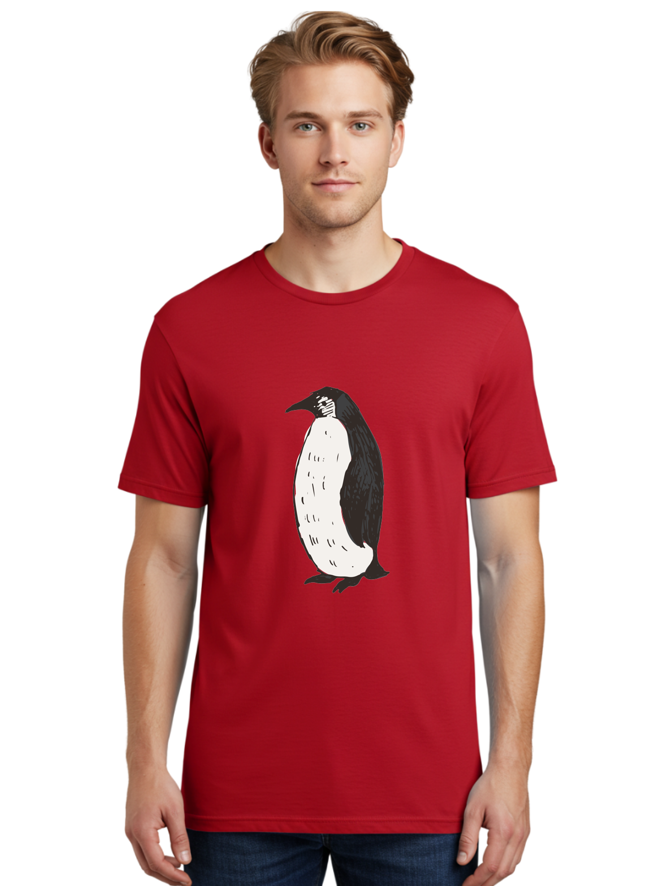 Penguin-1 Men'S Graphic Tee, 100% Cotton, Comfortable Casual Summer Wear, Machine Washable, Penguin Illustration, Black And White Penguin, Cartoon Penguin, Simple Drawing, Cute Bird, Wildlife Art, Tuxedo Bird, Flightless Bird, Antarctic Animal Aab031