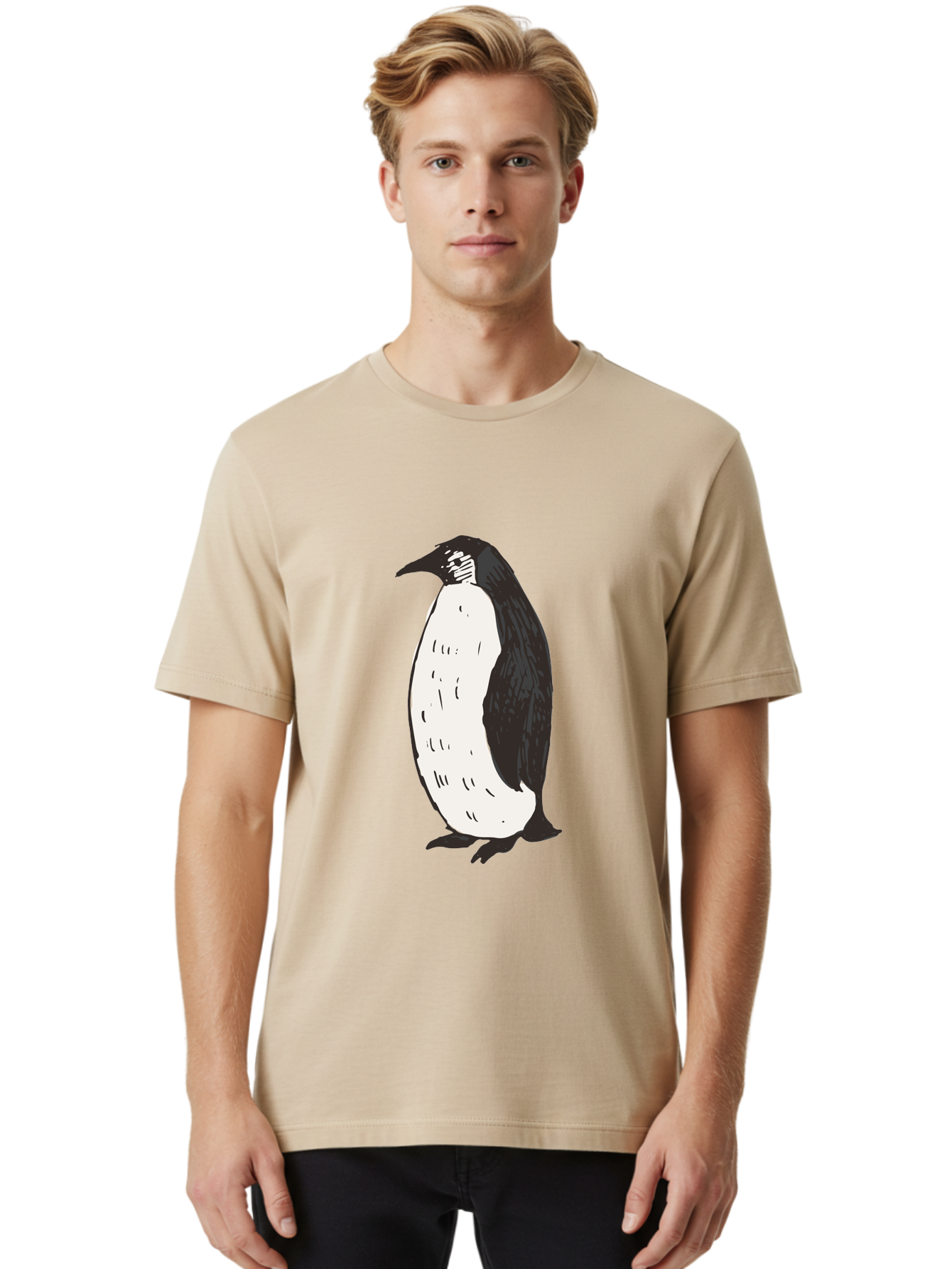 Penguin-1 Men'S Graphic Tee, 100% Cotton, Comfortable Casual Summer Wear, Machine Washable, Penguin Illustration, Black And White Penguin, Cartoon Penguin, Simple Drawing, Cute Bird, Wildlife Art, Tuxedo Bird, Flightless Bird, Antarctic Animal Aab031