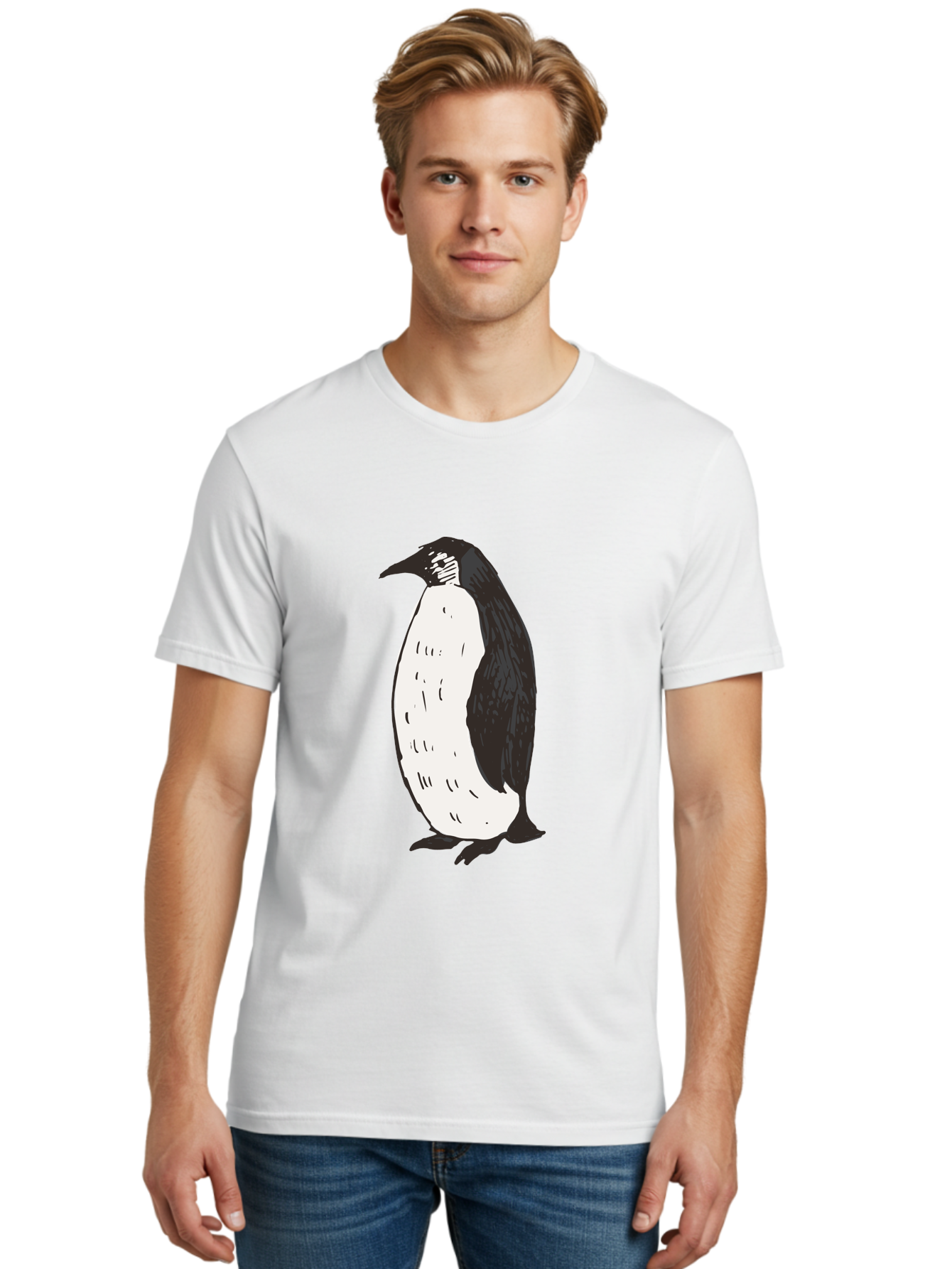 Penguin-1 Men'S Graphic Tee, 100% Cotton, Comfortable Casual Summer Wear, Machine Washable, Penguin Illustration, Black And White Penguin, Cartoon Penguin, Simple Drawing, Cute Bird, Wildlife Art, Tuxedo Bird, Flightless Bird, Antarctic Animal Aab031