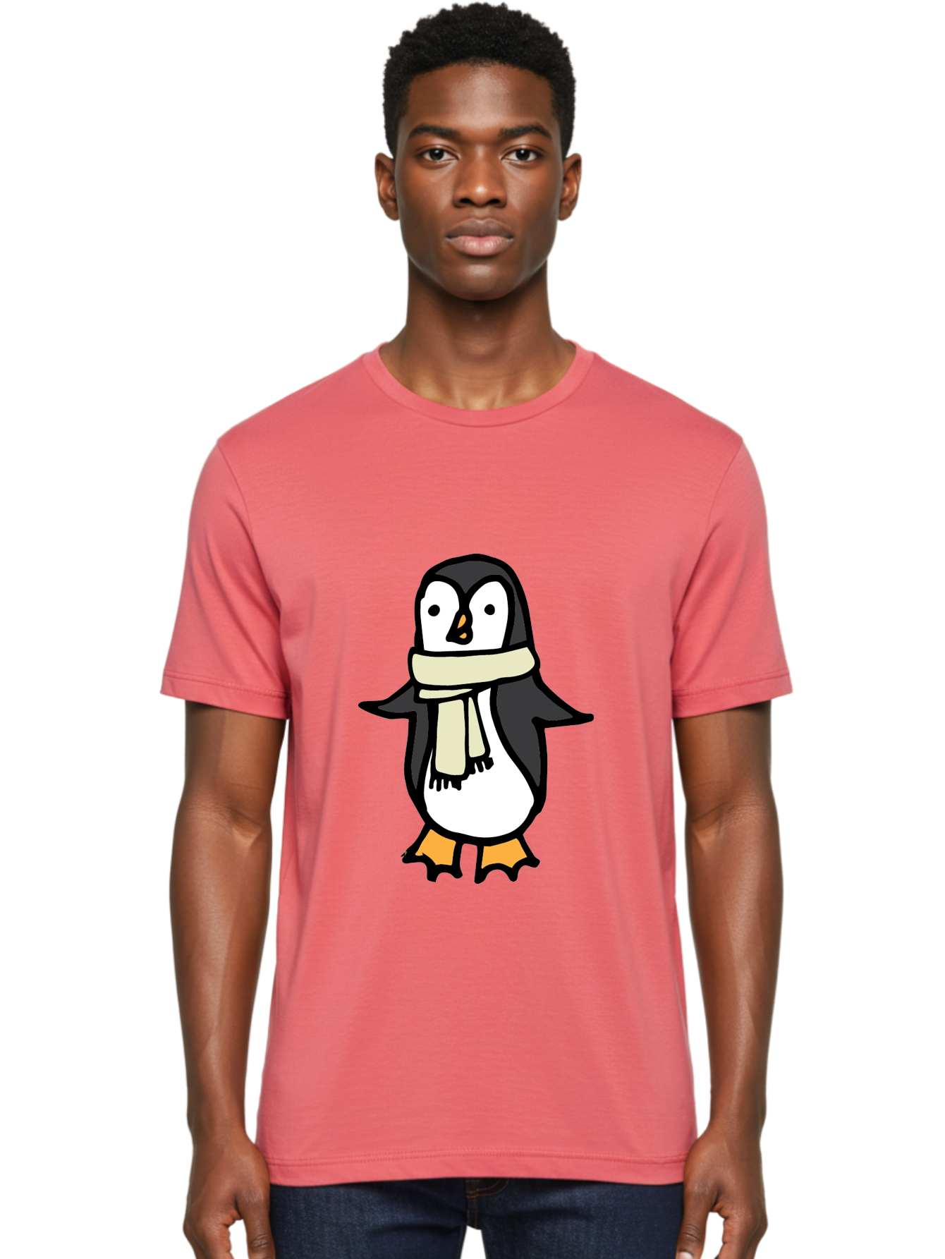 Penguin-With-Scarf Men'S Graphic Tee, 100% Cotton, Comfortable Casual Summer Wear, Machine Washable, Cartoon Penguin, Winter Fashion, Scarf Style, Cold Weather, Adorable Creature, Illustration Art, Cute Design, Tuxedo Bird, Animal Drawing Aab032