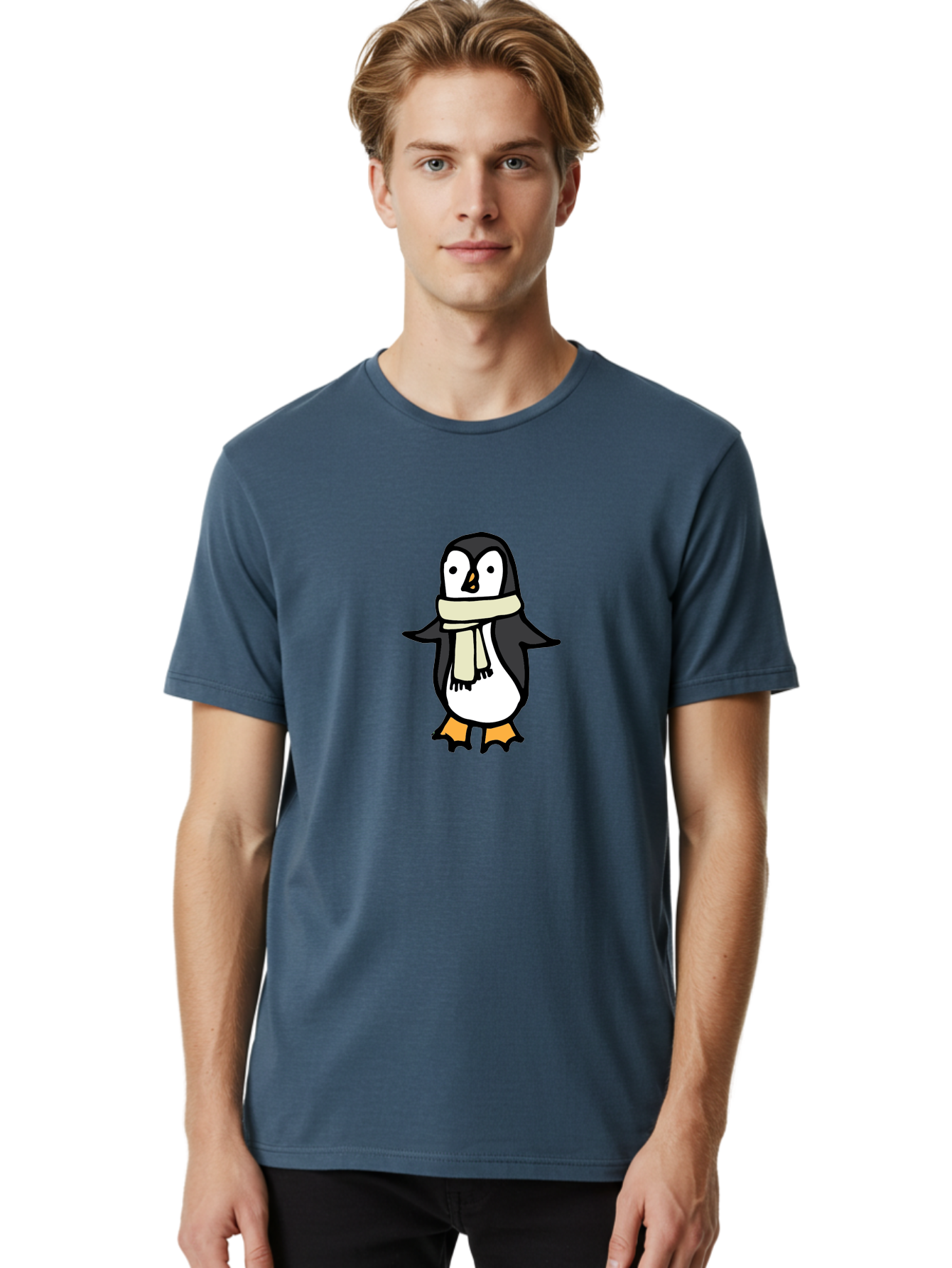 Penguin-With-Scarf Men'S Graphic Tee, 100% Cotton, Comfortable Casual Summer Wear, Machine Washable, Cartoon Penguin, Winter Fashion, Scarf Style, Cold Weather, Adorable Creature, Illustration Art, Cute Design, Tuxedo Bird, Animal Drawing Aab032