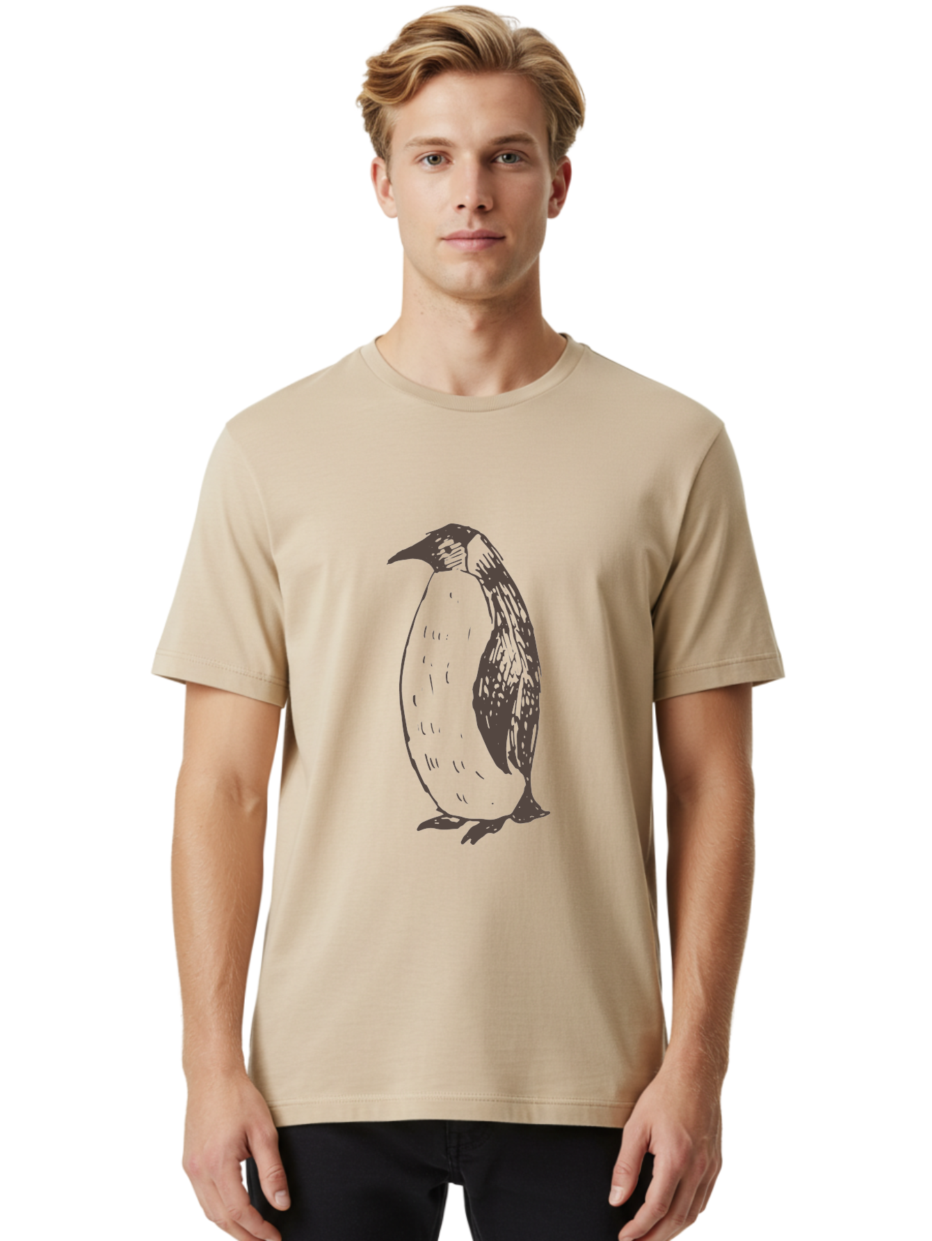Penguin Men'S Graphic Tee, 100% Cotton, Comfortable Casual Summer Wear, Machine Washable, Penguin Standing, Bird Silhouette, Wildlife Illustration, Feathered Creature, Simple Graphics, Monochrome Design, Cute Animal, Cartoon Style Aab033