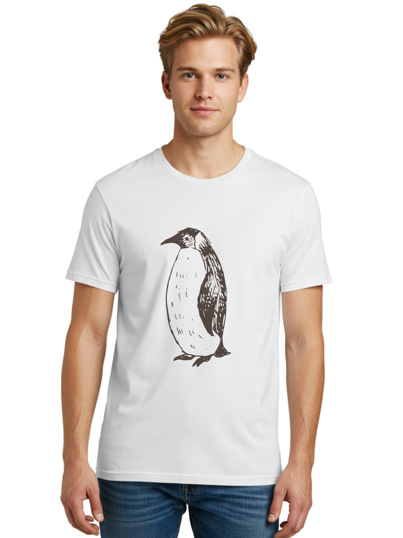 Penguin Men'S Graphic Tee, 100% Cotton, Comfortable Casual Summer Wear, Machine Washable, Penguin Standing, Bird Silhouette, Wildlife Illustration, Feathered Creature, Simple Graphics, Monochrome Design, Cute Animal, Cartoon Style Aab033