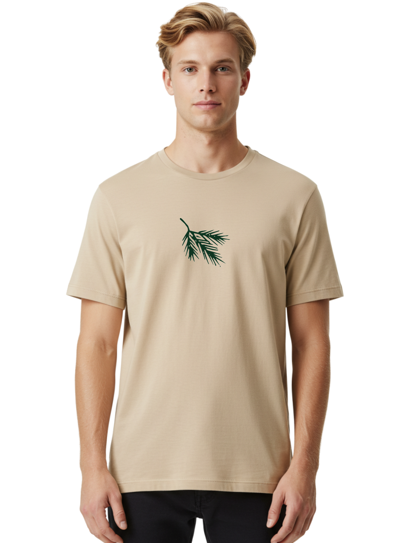 Pine-Branch-1 Men'S Graphic Tee, 100% Cotton, Comfortable Casual Summer Wear, Machine Washable, Pine Branch Silhouette, Evergreen Tree, Botanical Illustration, Simple Design, Minimalist Art, Nature-Inspired Graphics Aab035