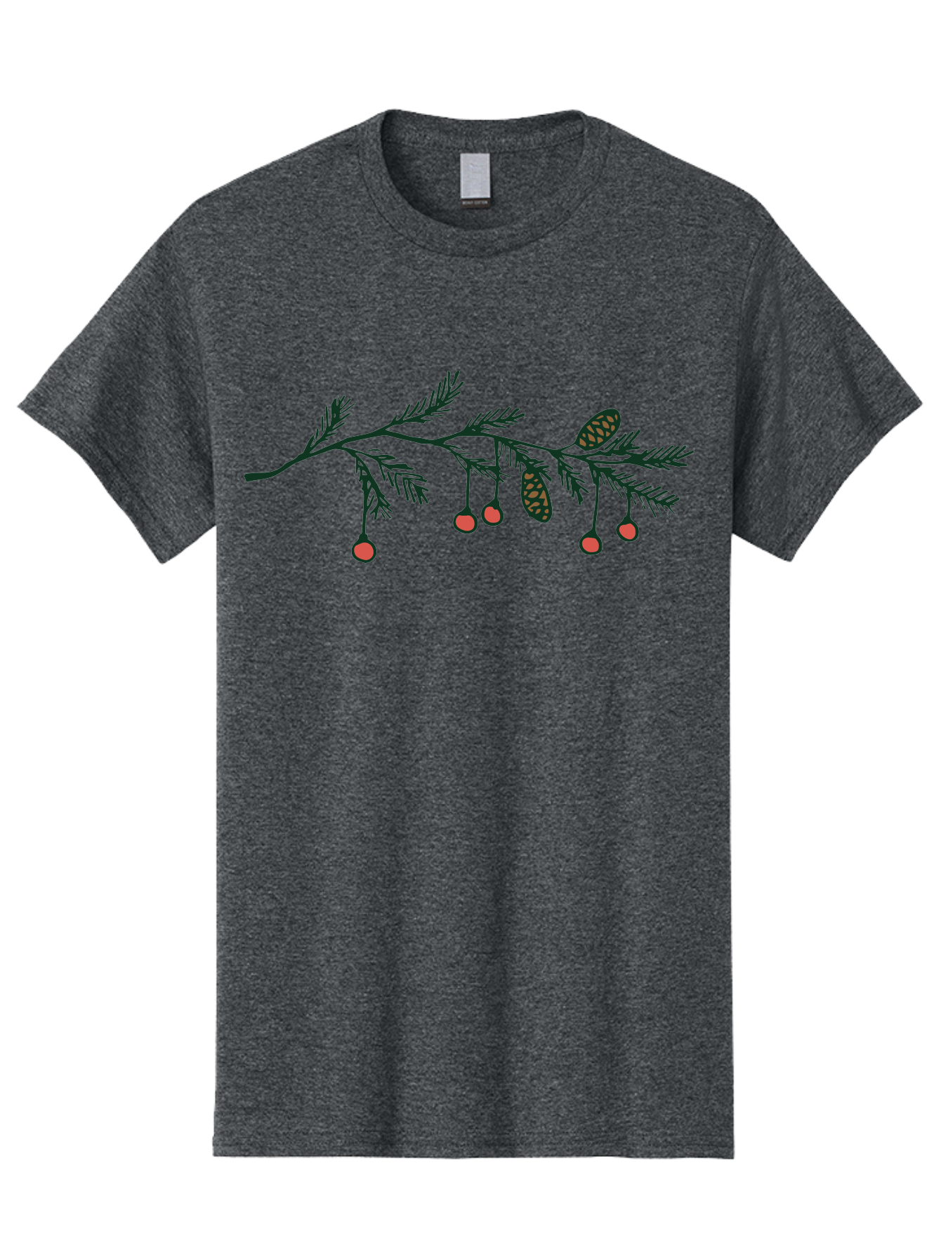 Pine-Branch Men'S Graphic Tee, 100% Cotton, Comfortable Casual Summer Wear, Machine Washable, Pine Branch, Red Berries, Pine Cones, Festive Decor, Holiday Theme, Cartoon Style, Simple Design, Minimalist Art Aab037