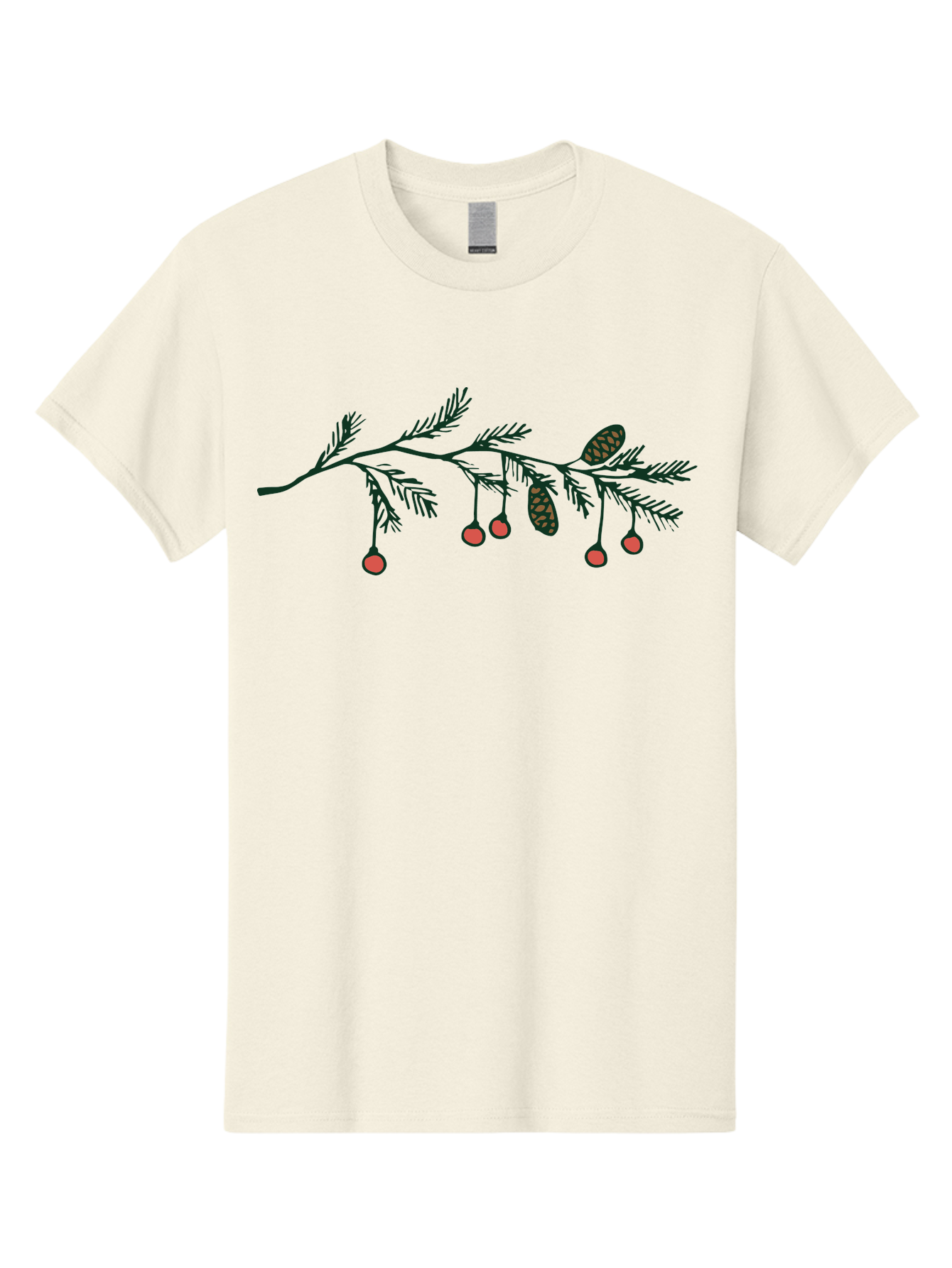 Pine-Branch Men'S Graphic Tee, 100% Cotton, Comfortable Casual Summer Wear, Machine Washable, Pine Branch, Red Berries, Pine Cones, Festive Decor, Holiday Theme, Cartoon Style, Simple Design, Minimalist Art Aab037