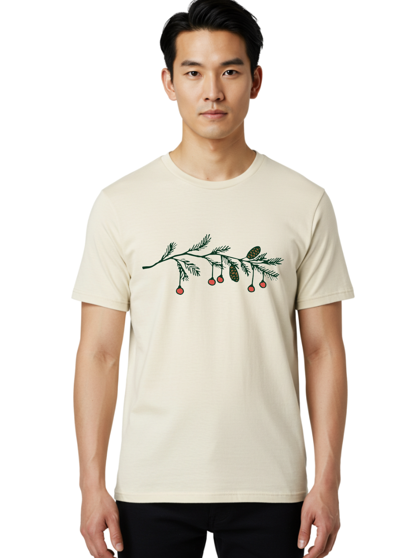 Pine-Branch Men'S Graphic Tee, 100% Cotton, Comfortable Casual Summer Wear, Machine Washable, Pine Branch, Red Berries, Pine Cones, Festive Decor, Holiday Theme, Cartoon Style, Simple Design, Minimalist Art Aab037
