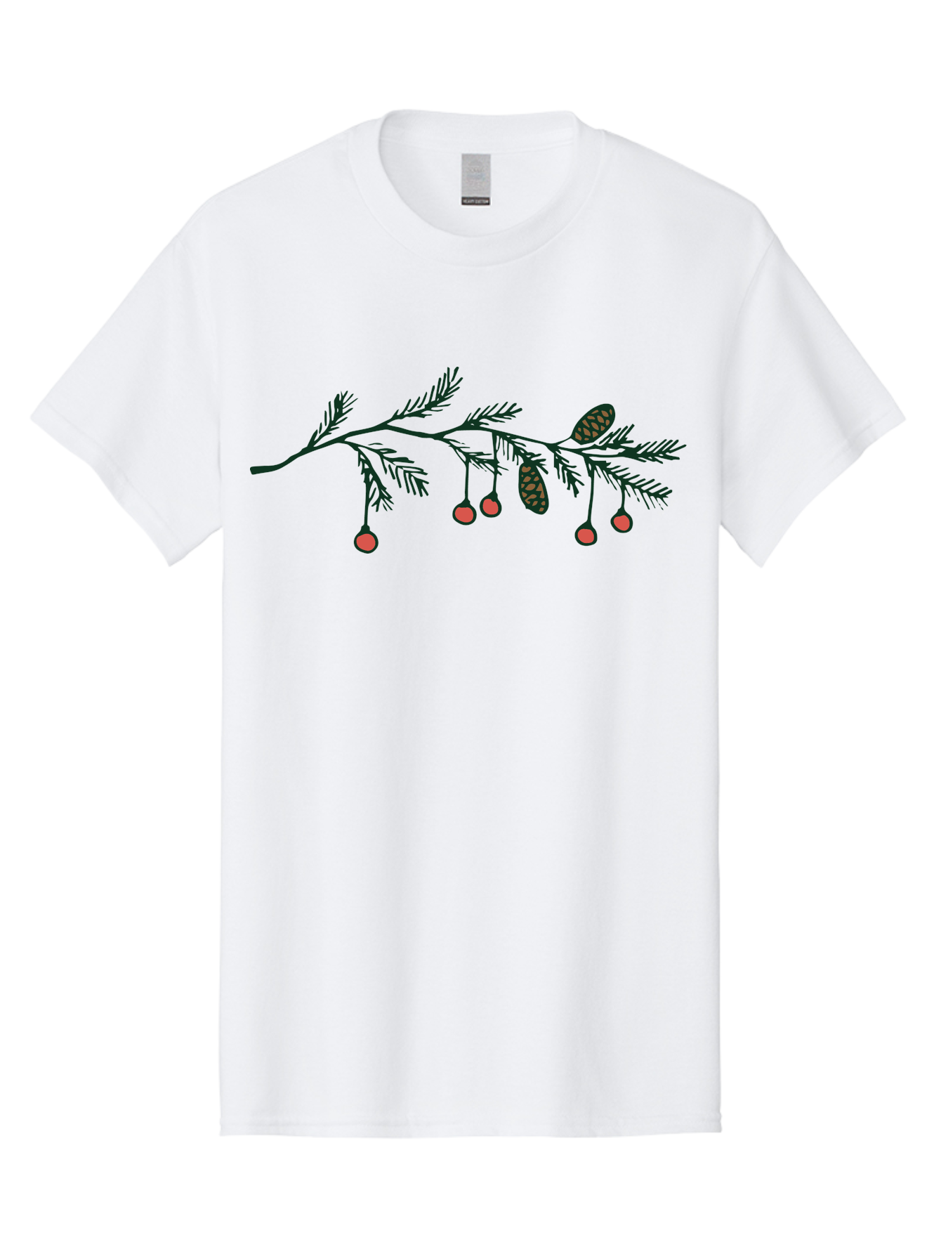 Pine-Branch Men'S Graphic Tee, 100% Cotton, Comfortable Casual Summer Wear, Machine Washable, Pine Branch, Red Berries, Pine Cones, Festive Decor, Holiday Theme, Cartoon Style, Simple Design, Minimalist Art Aab037