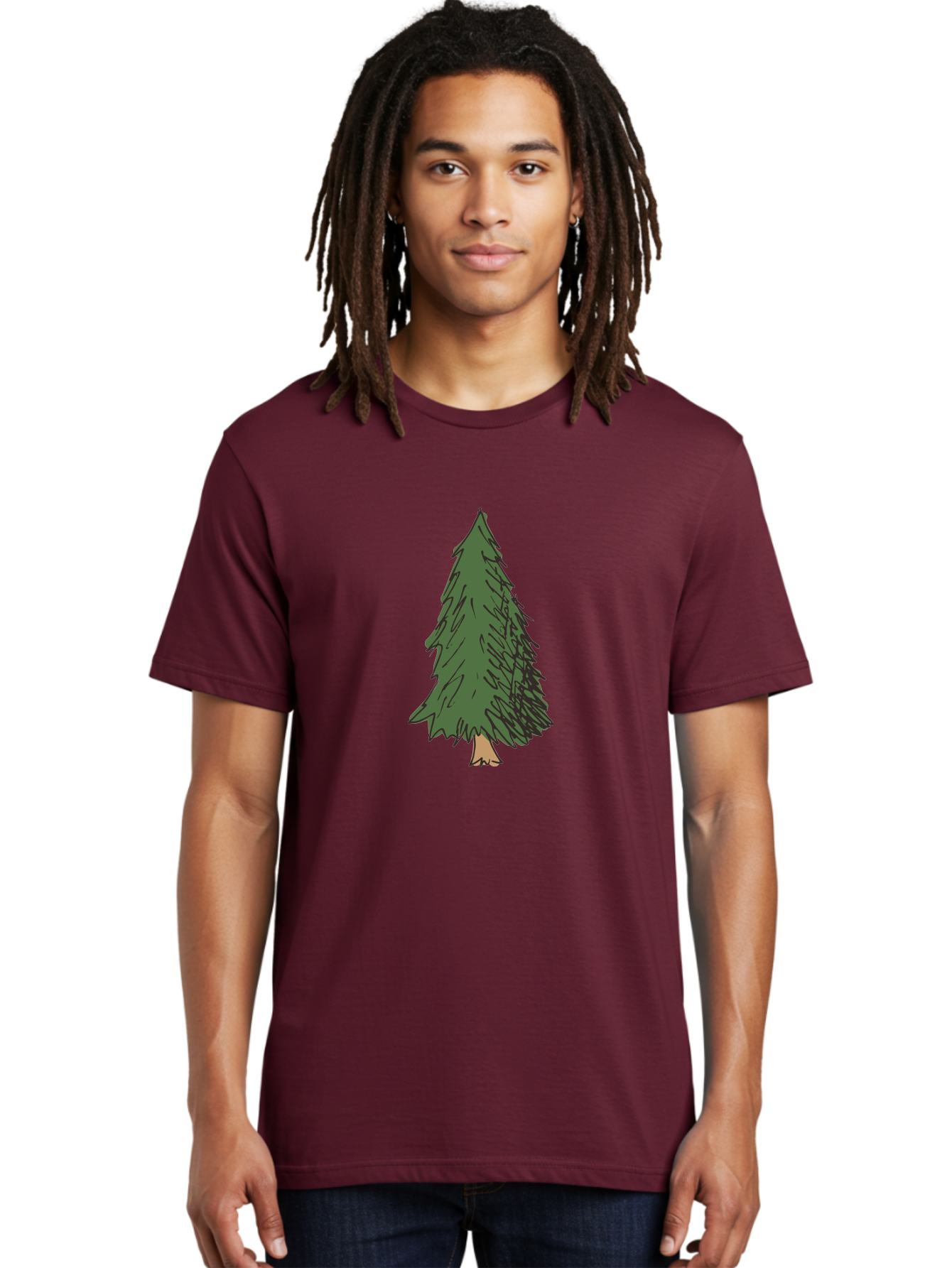 Pine-Tree-2 Men'S Graphic Tee, 100% Cotton, Comfortable Casual Summer Wear, Machine Washable, Evergreen Tree, Pine Tree, Cartoon Illustration, Simple Drawing, Green Foliage, Tree Trunk, Forest Art, Digital Graphics Aab041