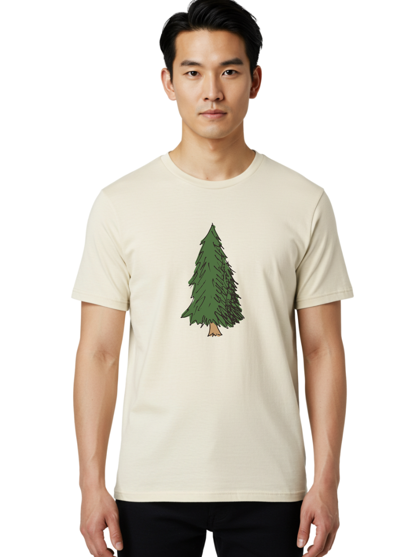 Pine-Tree-2 Men'S Graphic Tee, 100% Cotton, Comfortable Casual Summer Wear, Machine Washable, Evergreen Tree, Pine Tree, Cartoon Illustration, Simple Drawing, Green Foliage, Tree Trunk, Forest Art, Digital Graphics Aab041
