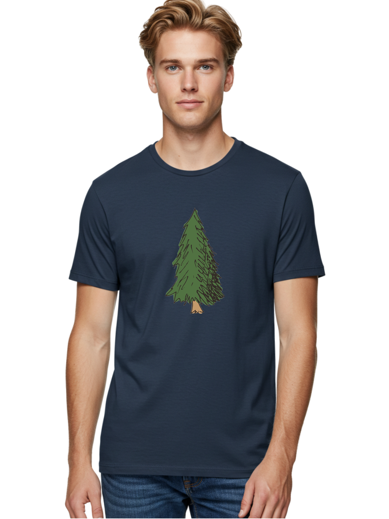 Pine-Tree-2 Men'S Graphic Tee, 100% Cotton, Comfortable Casual Summer Wear, Machine Washable, Evergreen Tree, Pine Tree, Cartoon Illustration, Simple Drawing, Green Foliage, Tree Trunk, Forest Art, Digital Graphics Aab041