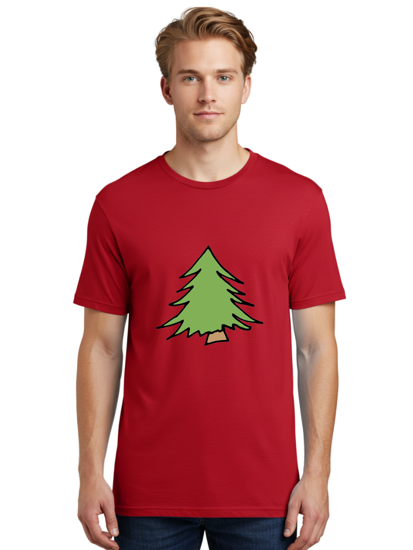 Pine-Tree Men'S Graphic Tee, 100% Cotton, Comfortable Casual Summer Wear, Machine Washable, Cartoon Evergreen Tree, Simple Tree Illustration, Green Foliage, Brown Trunk, Minimalist Design, Digital Art, Cute Graphics Aab043