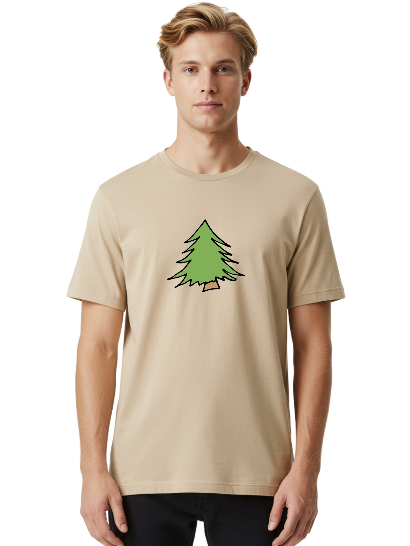 Pine-Tree Men'S Graphic Tee, 100% Cotton, Comfortable Casual Summer Wear, Machine Washable, Cartoon Evergreen Tree, Simple Tree Illustration, Green Foliage, Brown Trunk, Minimalist Design, Digital Art, Cute Graphics Aab043