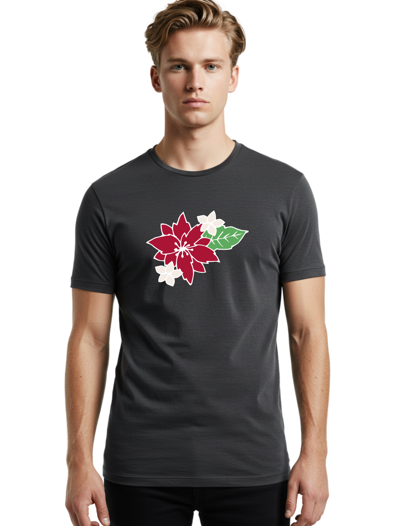 Poinsettia-3 Men'S Graphic Tee, 100% Cotton, Comfortable Casual Summer Wear, Machine Washable, Poinsettia Flowers, Red And White Blooms, Festive Holiday Decor, Christmas Flowers, Floral Arrangements, Winter Flowers Aab048