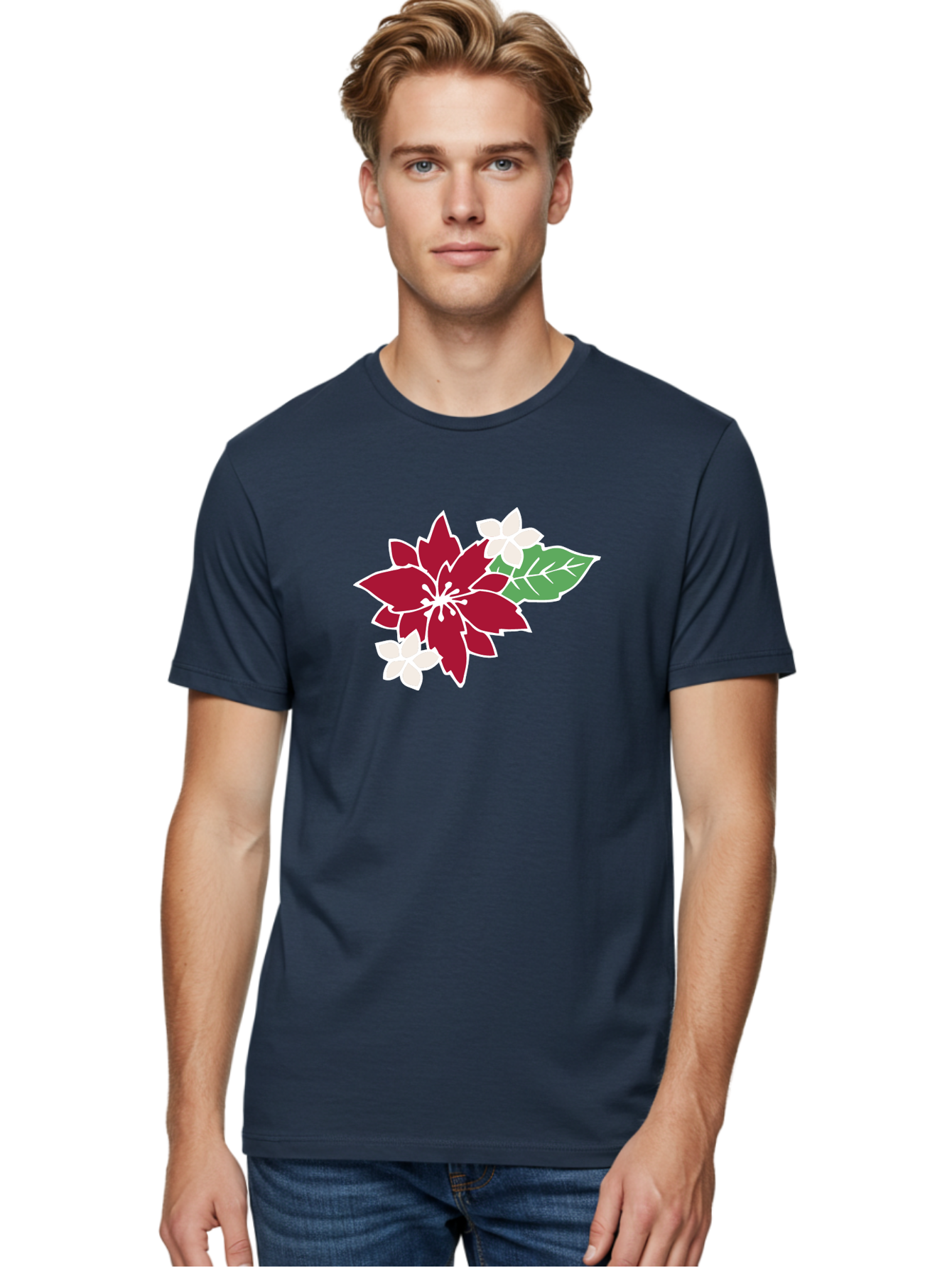 Poinsettia-3 Men'S Graphic Tee, 100% Cotton, Comfortable Casual Summer Wear, Machine Washable, Poinsettia Flowers, Red And White Blooms, Festive Holiday Decor, Christmas Flowers, Floral Arrangements, Winter Flowers Aab048