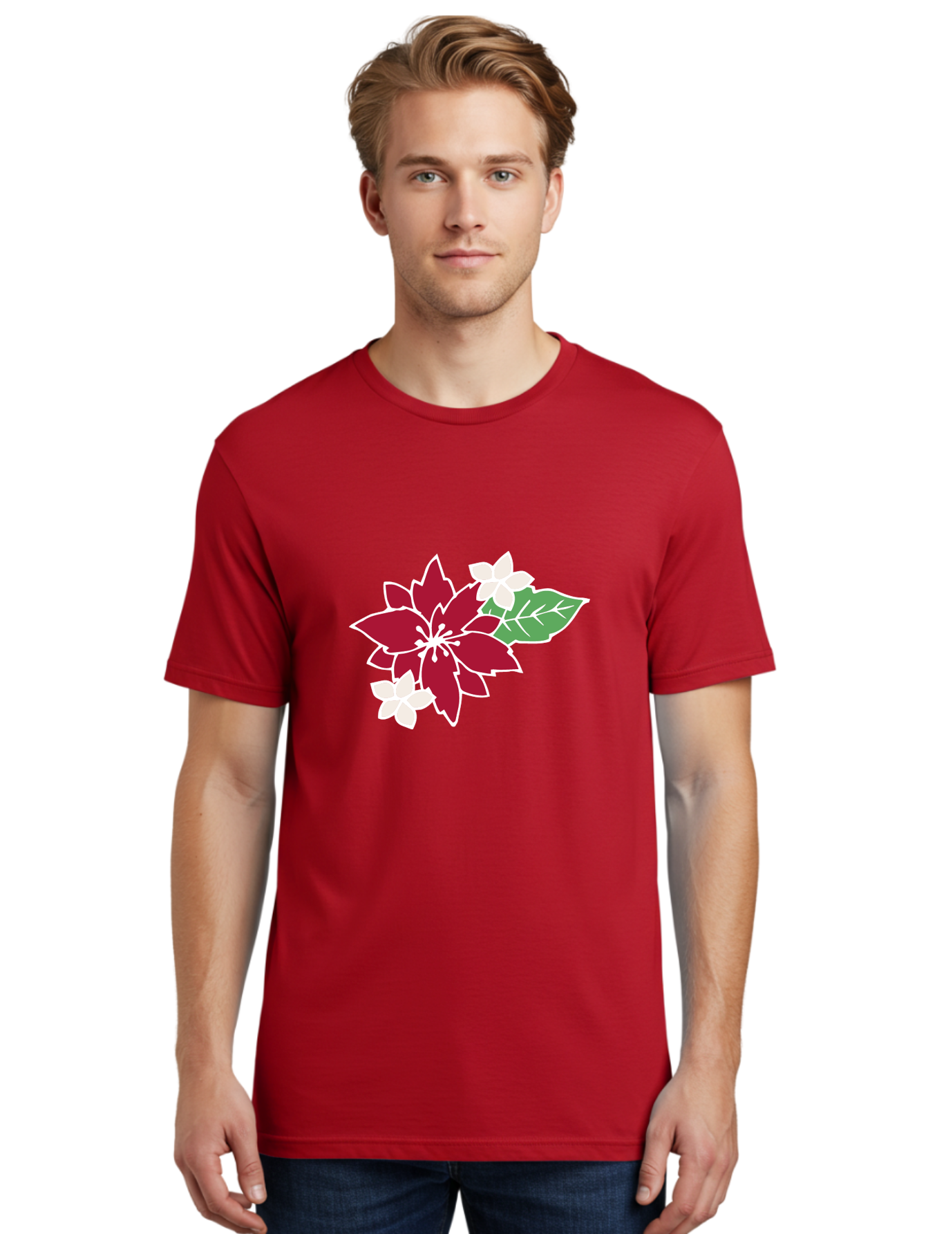 Poinsettia-3 Men'S Graphic Tee, 100% Cotton, Comfortable Casual Summer Wear, Machine Washable, Poinsettia Flowers, Red And White Blooms, Festive Holiday Decor, Christmas Flowers, Floral Arrangements, Winter Flowers Aab048