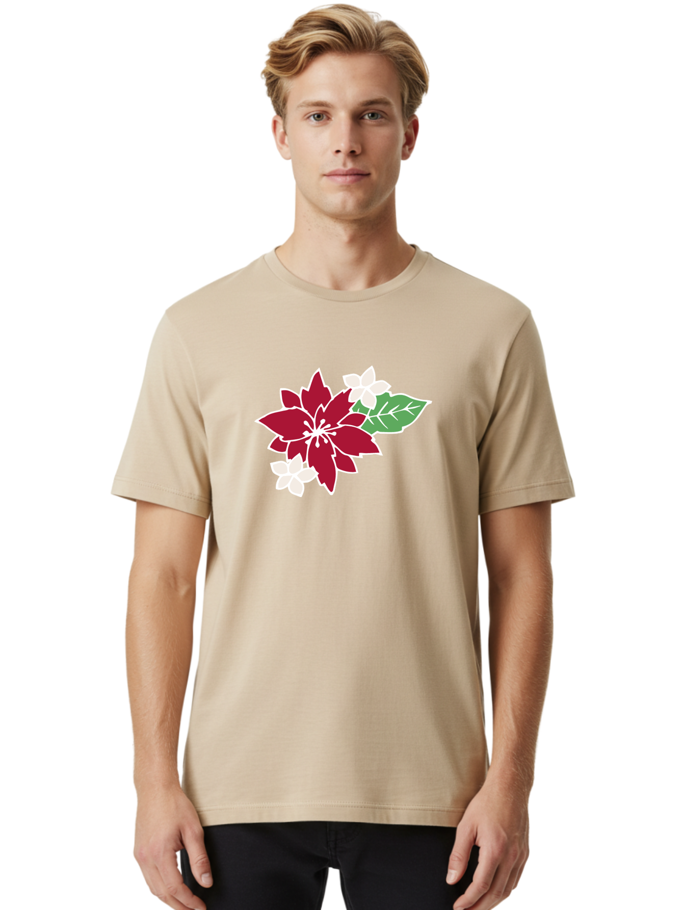 Poinsettia-3 Men'S Graphic Tee, 100% Cotton, Comfortable Casual Summer Wear, Machine Washable, Poinsettia Flowers, Red And White Blooms, Festive Holiday Decor, Christmas Flowers, Floral Arrangements, Winter Flowers Aab048