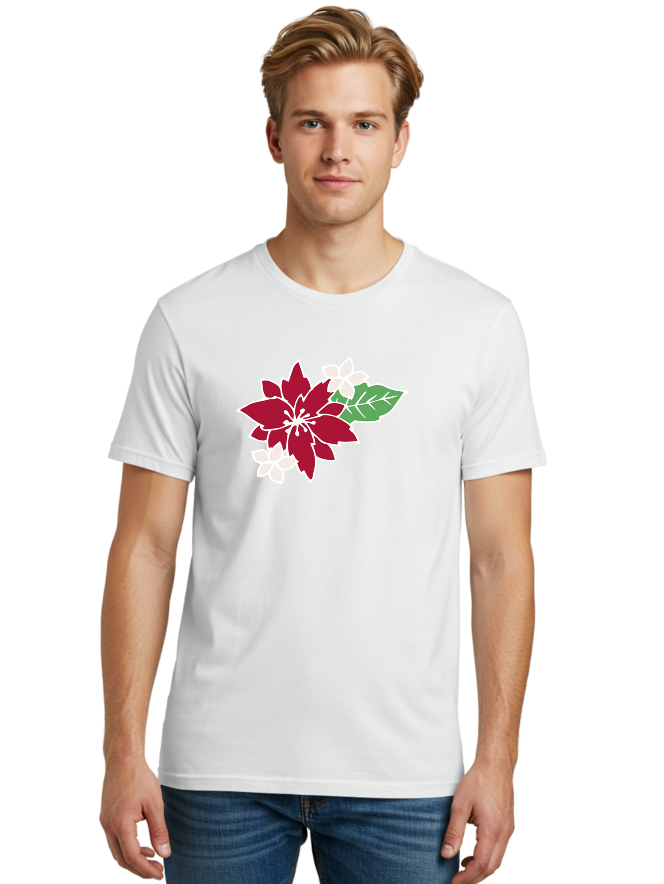 Poinsettia-3 Men'S Graphic Tee, 100% Cotton, Comfortable Casual Summer Wear, Machine Washable, Poinsettia Flowers, Red And White Blooms, Festive Holiday Decor, Christmas Flowers, Floral Arrangements, Winter Flowers Aab048