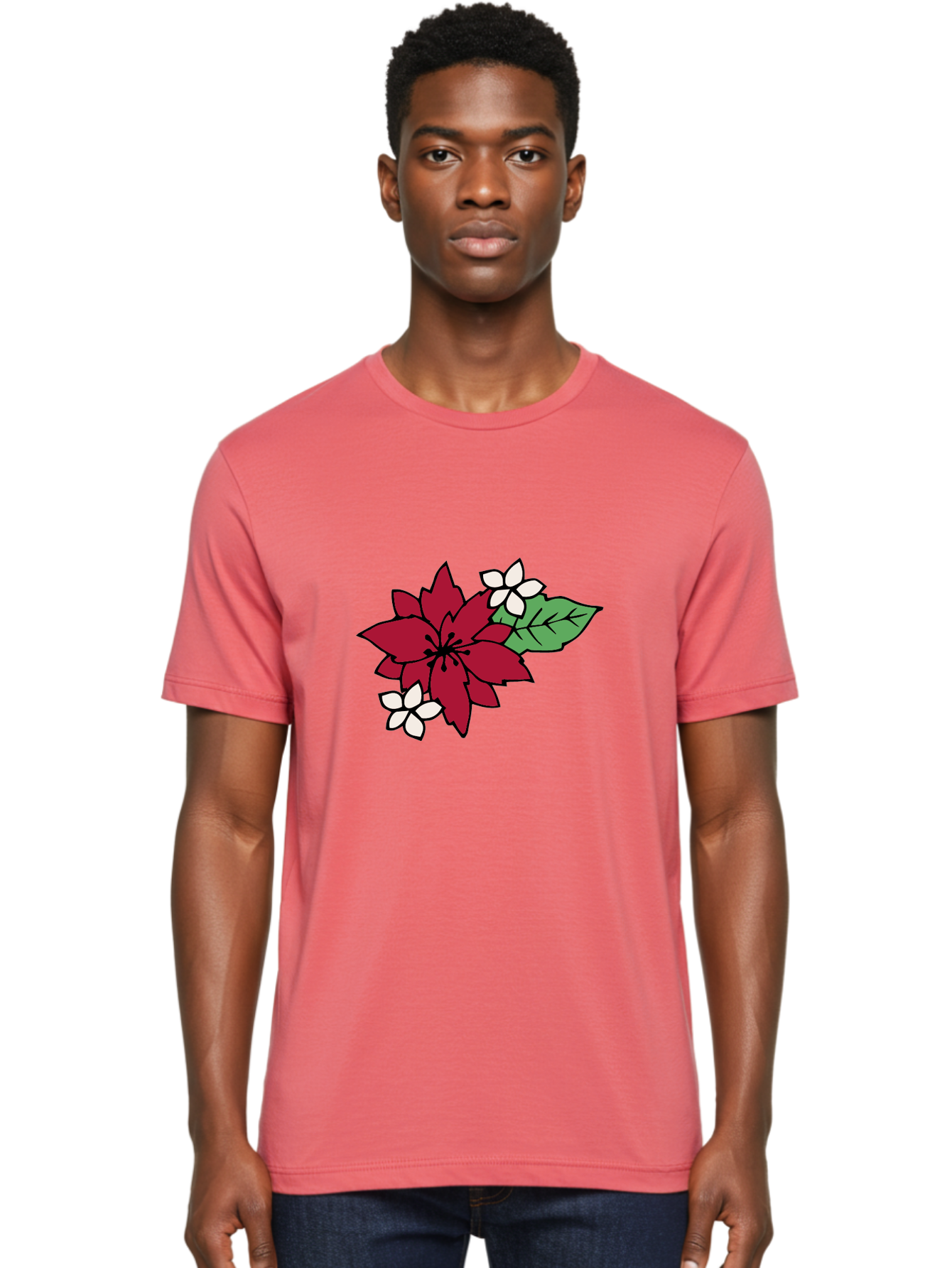 Poinsettia-Flower Men'S Graphic Tee, 100% Cotton, Comfortable Casual Summer Wear, Machine Washable, Red Poinsettia, White Flowers, Green Leaves, Festive Flowers, Holiday Decor, Christmas Plant, Winter Blooms, Floral Arrangement Aab049