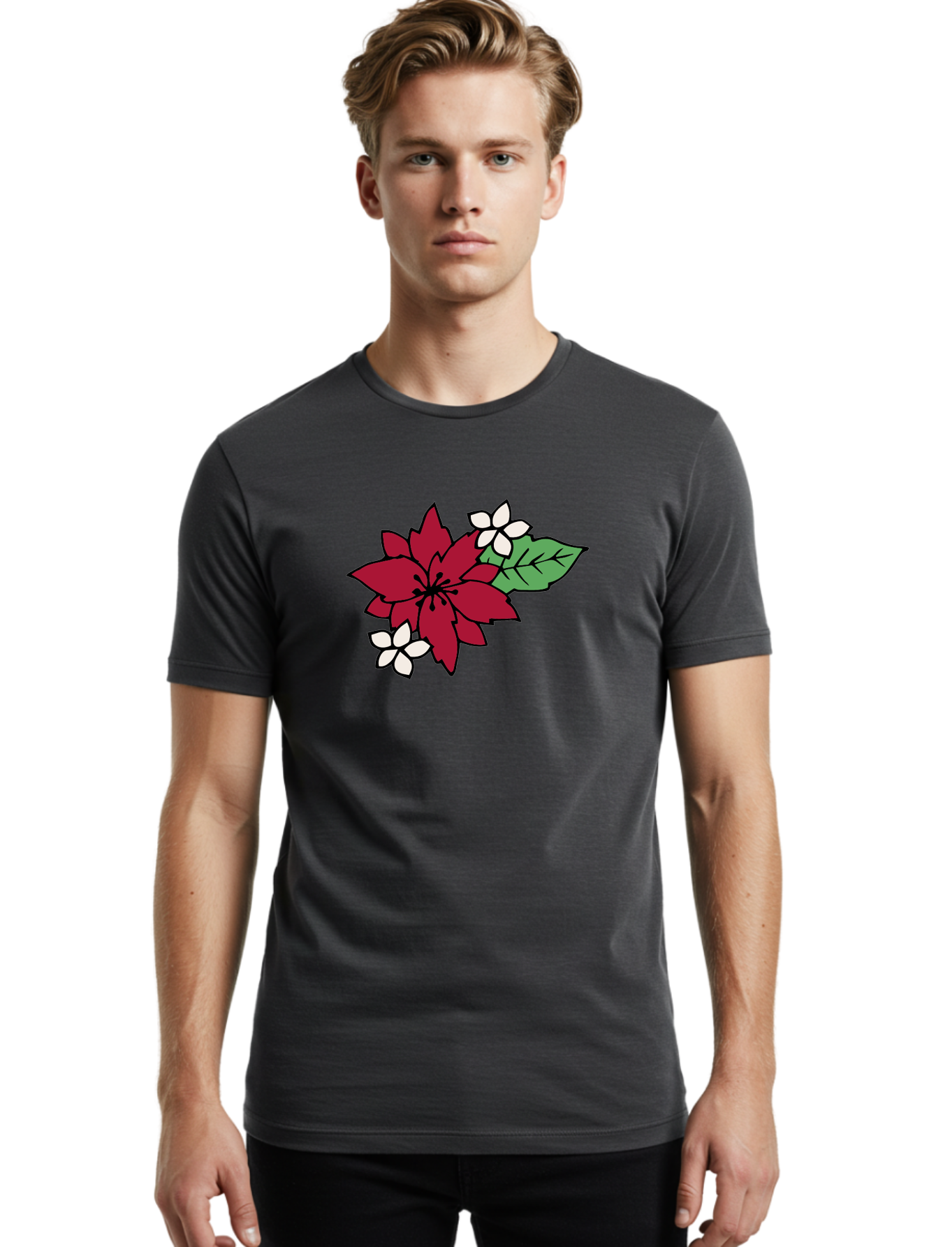 Poinsettia-Flower Men'S Graphic Tee, 100% Cotton, Comfortable Casual Summer Wear, Machine Washable, Red Poinsettia, White Flowers, Green Leaves, Festive Flowers, Holiday Decor, Christmas Plant, Winter Blooms, Floral Arrangement Aab049