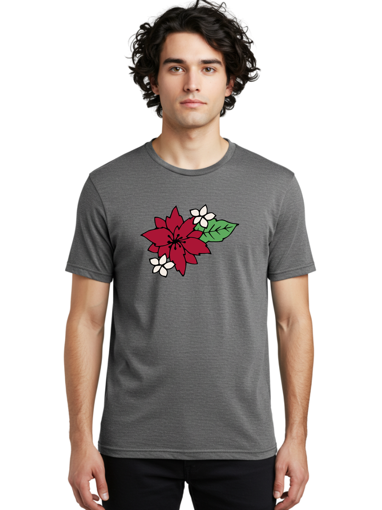 Poinsettia-Flower Men'S Graphic Tee, 100% Cotton, Comfortable Casual Summer Wear, Machine Washable, Red Poinsettia, White Flowers, Green Leaves, Festive Flowers, Holiday Decor, Christmas Plant, Winter Blooms, Floral Arrangement Aab049