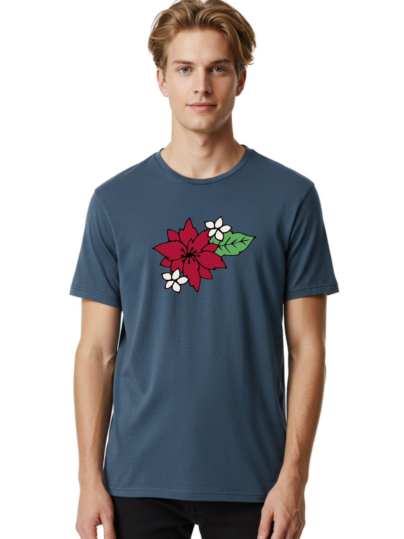 Poinsettia-Flower Men'S Graphic Tee, 100% Cotton, Comfortable Casual Summer Wear, Machine Washable, Red Poinsettia, White Flowers, Green Leaves, Festive Flowers, Holiday Decor, Christmas Plant, Winter Blooms, Floral Arrangement Aab049