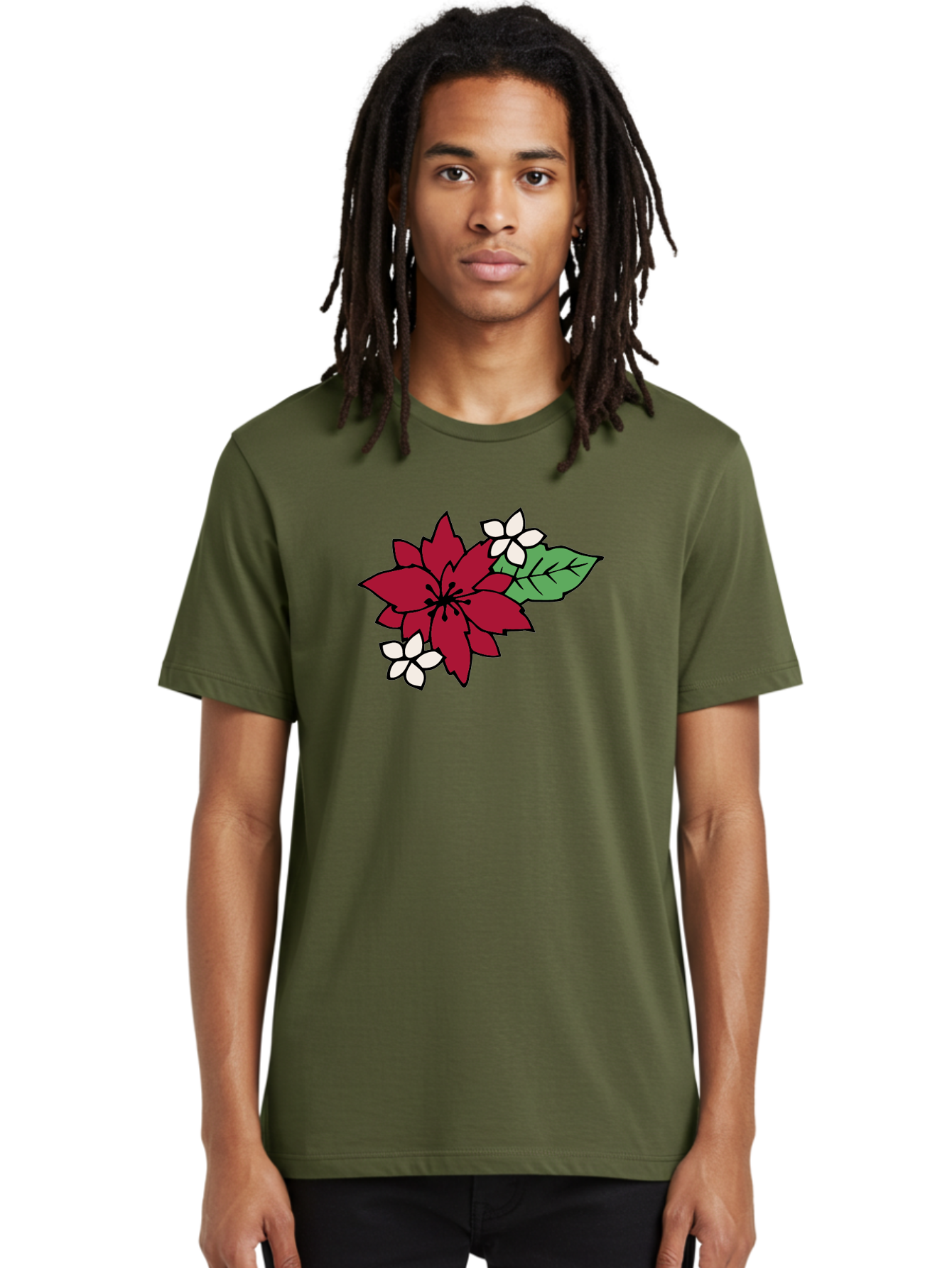 Poinsettia-Flower Men'S Graphic Tee, 100% Cotton, Comfortable Casual Summer Wear, Machine Washable, Red Poinsettia, White Flowers, Green Leaves, Festive Flowers, Holiday Decor, Christmas Plant, Winter Blooms, Floral Arrangement Aab049