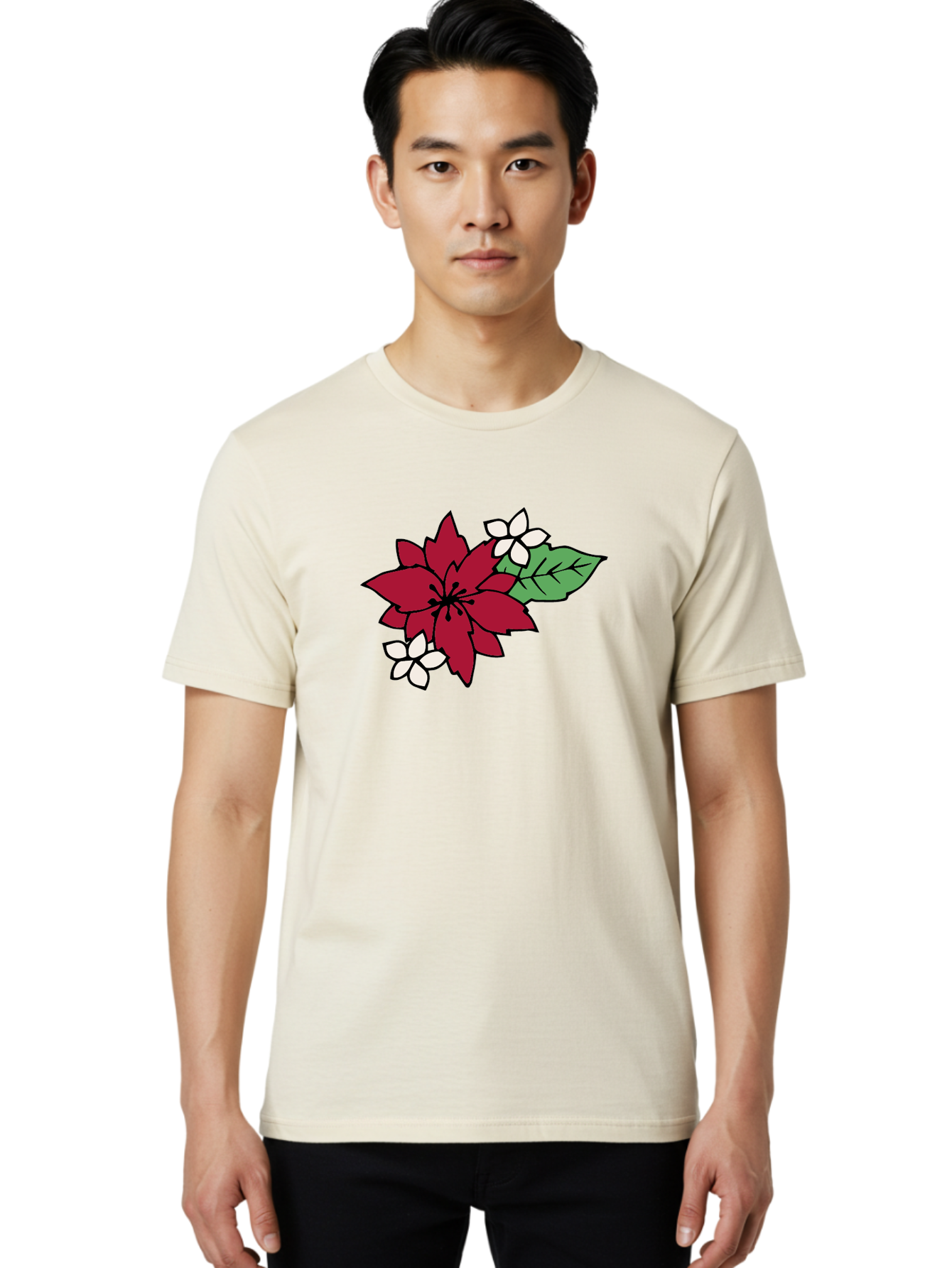 Poinsettia-Flower Men'S Graphic Tee, 100% Cotton, Comfortable Casual Summer Wear, Machine Washable, Red Poinsettia, White Flowers, Green Leaves, Festive Flowers, Holiday Decor, Christmas Plant, Winter Blooms, Floral Arrangement Aab049