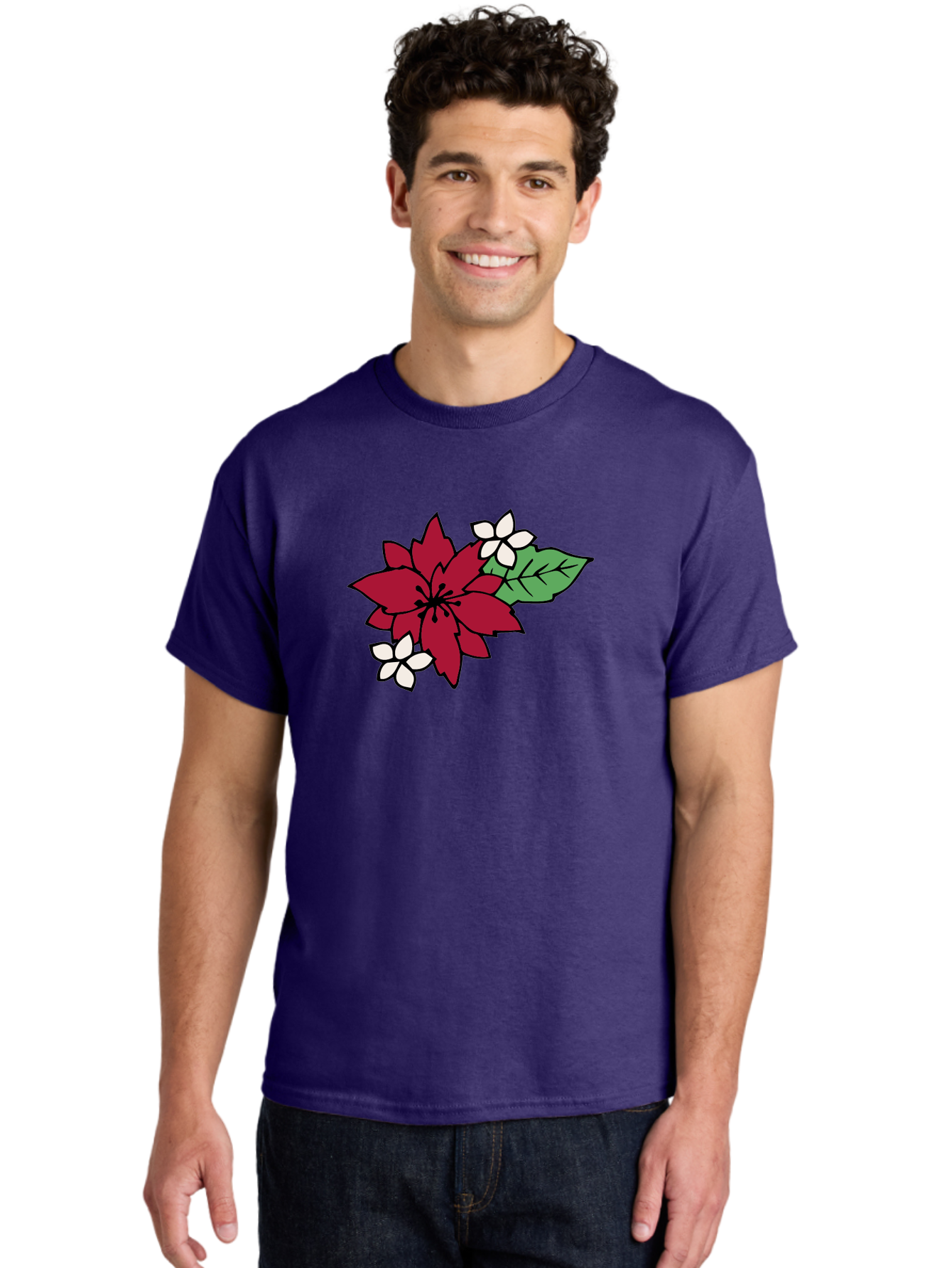 Poinsettia-Flower Men'S Graphic Tee, 100% Cotton, Comfortable Casual Summer Wear, Machine Washable, Red Poinsettia, White Flowers, Green Leaves, Festive Flowers, Holiday Decor, Christmas Plant, Winter Blooms, Floral Arrangement Aab049