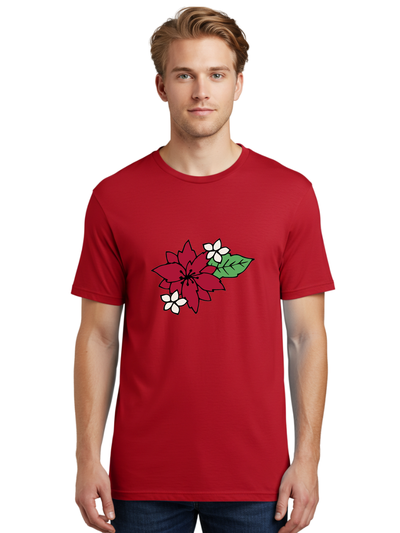 Poinsettia-Flower Men'S Graphic Tee, 100% Cotton, Comfortable Casual Summer Wear, Machine Washable, Red Poinsettia, White Flowers, Green Leaves, Festive Flowers, Holiday Decor, Christmas Plant, Winter Blooms, Floral Arrangement Aab049