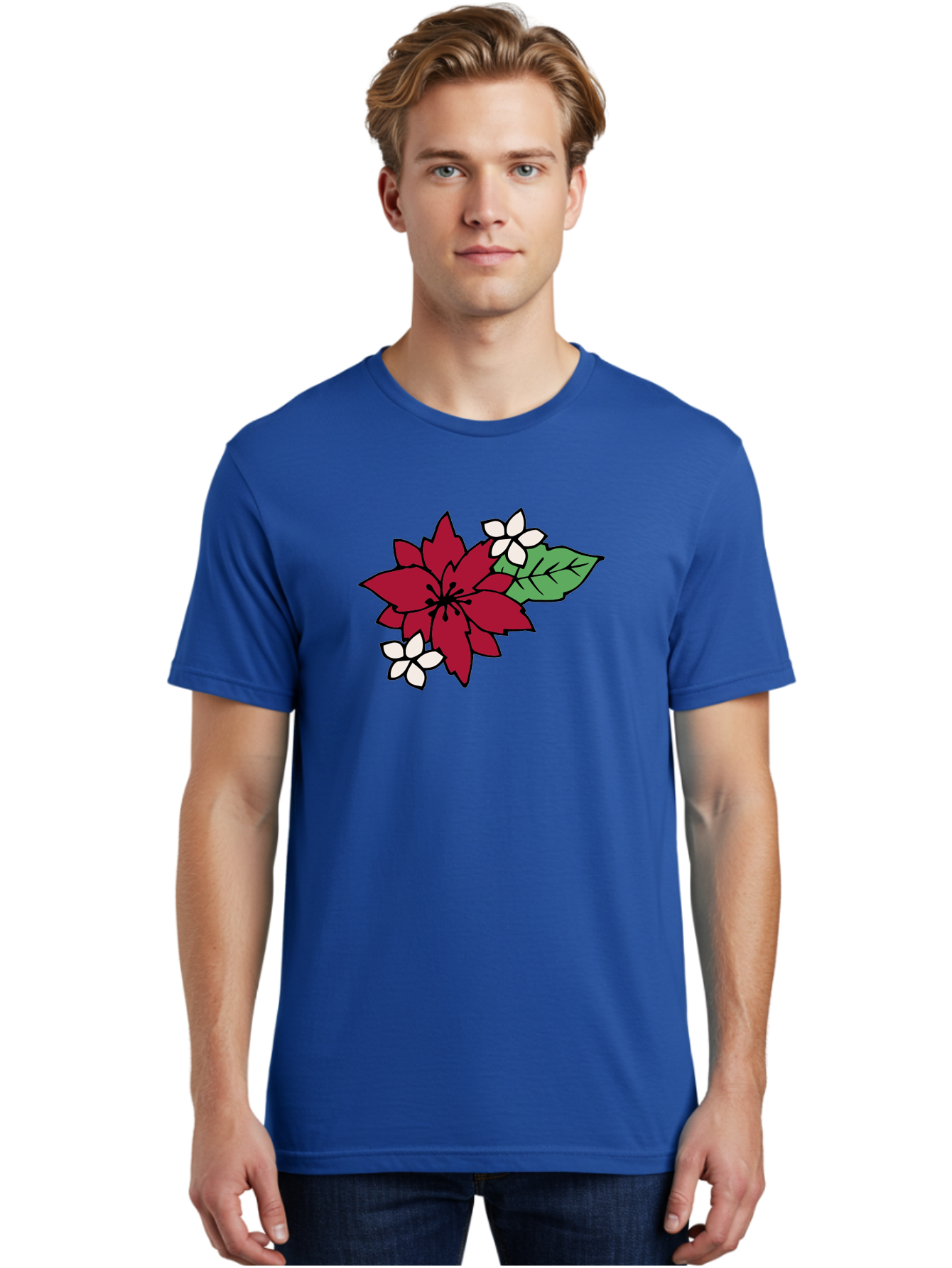 Poinsettia-Flower Men'S Graphic Tee, 100% Cotton, Comfortable Casual Summer Wear, Machine Washable, Red Poinsettia, White Flowers, Green Leaves, Festive Flowers, Holiday Decor, Christmas Plant, Winter Blooms, Floral Arrangement Aab049
