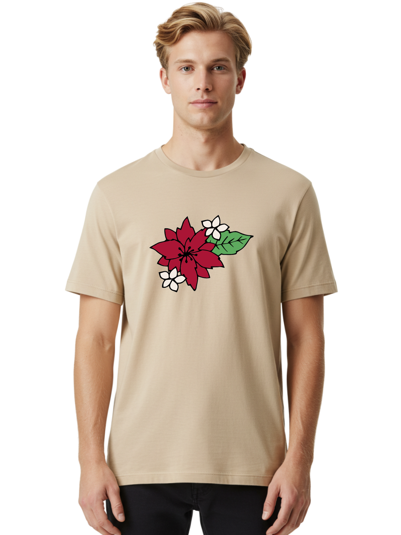 Poinsettia-Flower Men'S Graphic Tee, 100% Cotton, Comfortable Casual Summer Wear, Machine Washable, Red Poinsettia, White Flowers, Green Leaves, Festive Flowers, Holiday Decor, Christmas Plant, Winter Blooms, Floral Arrangement Aab049