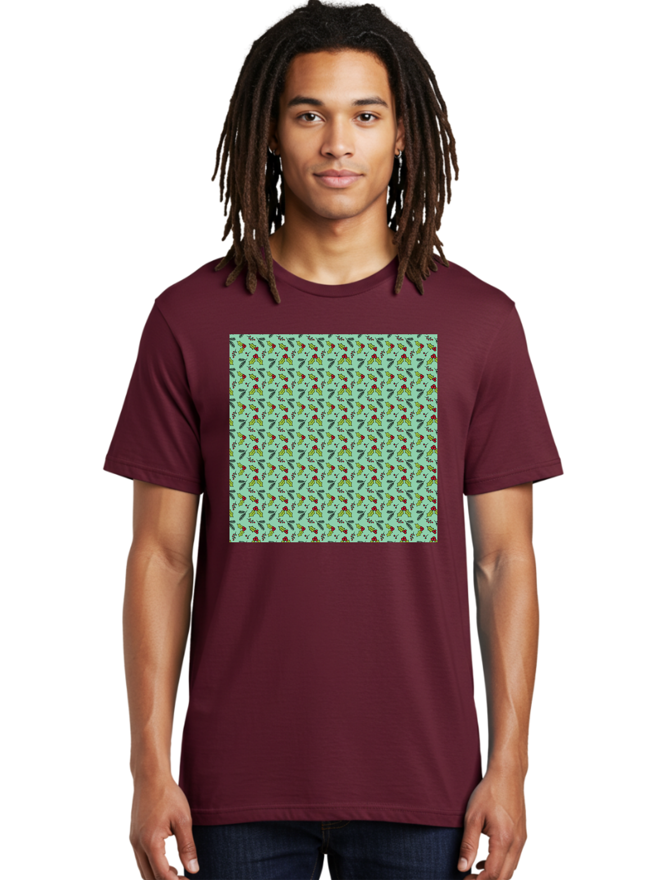Poinsettia-Pattern Men'S Graphic Tee, 100% Cotton, Comfortable Casual Summer Wear, Machine Washable, Holly Leaves, Red Berries, Festive Design, Holiday Pattern, Seamless Texture, Green Leaves, Christmas Decor, Winter Theme, Joyful Atmosphere Aab050