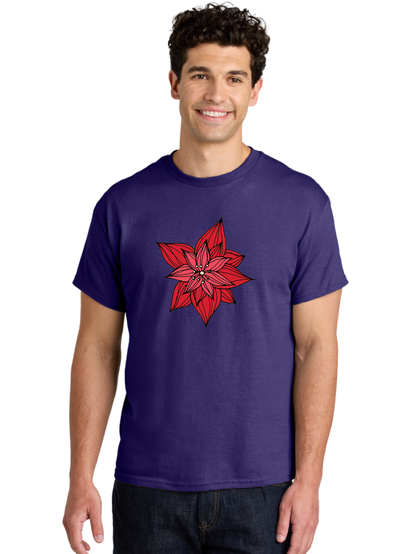Poinsettia Men'S Graphic Tee, 100% Cotton, Comfortable Casual Summer Wear, Machine Washable, Poinsettia Flower, Red Petals, Festive Decor, Holiday Decoration, Christmas Flower, Symbolic Bloom, Vibrant Red Aab051
