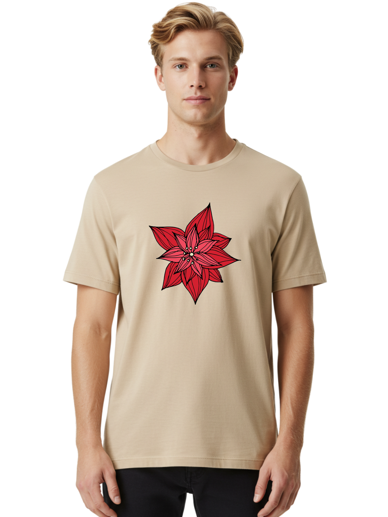 Poinsettia Men'S Graphic Tee, 100% Cotton, Comfortable Casual Summer Wear, Machine Washable, Poinsettia Flower, Red Petals, Festive Decor, Holiday Decoration, Christmas Flower, Symbolic Bloom, Vibrant Red Aab051