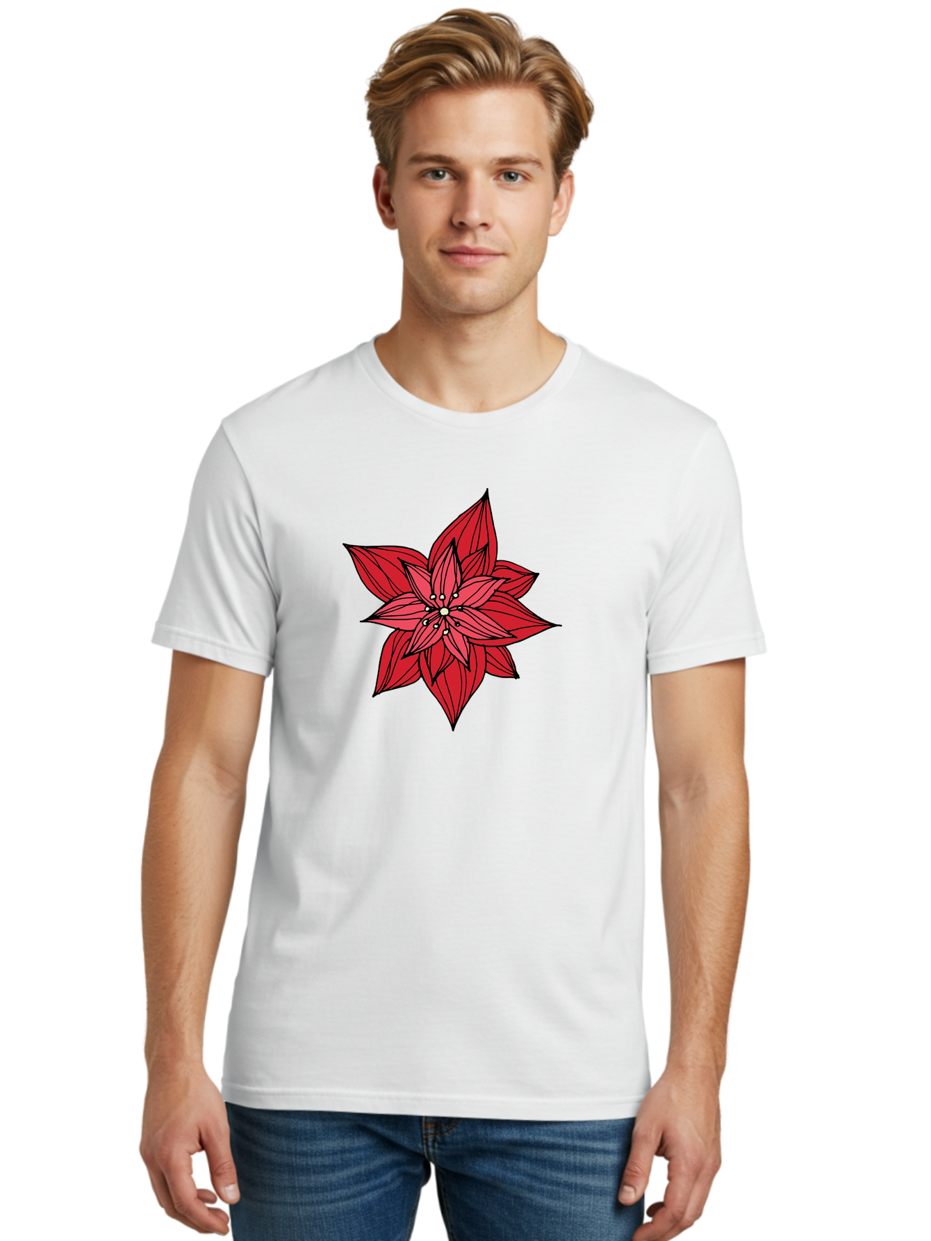 Poinsettia Men'S Graphic Tee, 100% Cotton, Comfortable Casual Summer Wear, Machine Washable, Poinsettia Flower, Red Petals, Festive Decor, Holiday Decoration, Christmas Flower, Symbolic Bloom, Vibrant Red Aab051